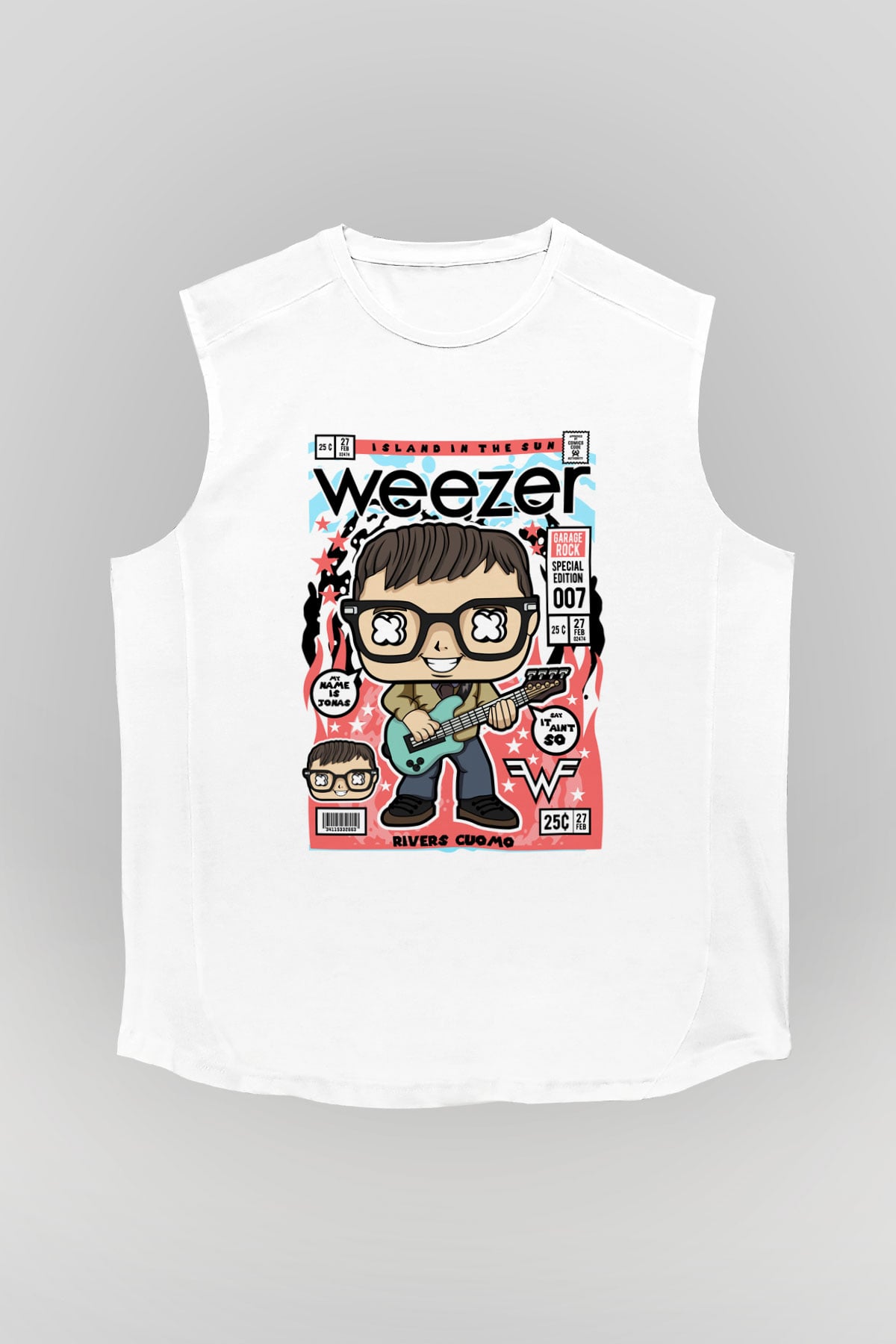 Rivers Cuomo Weezer Baskılı Unisex Beyaz Kolsuz Tişört