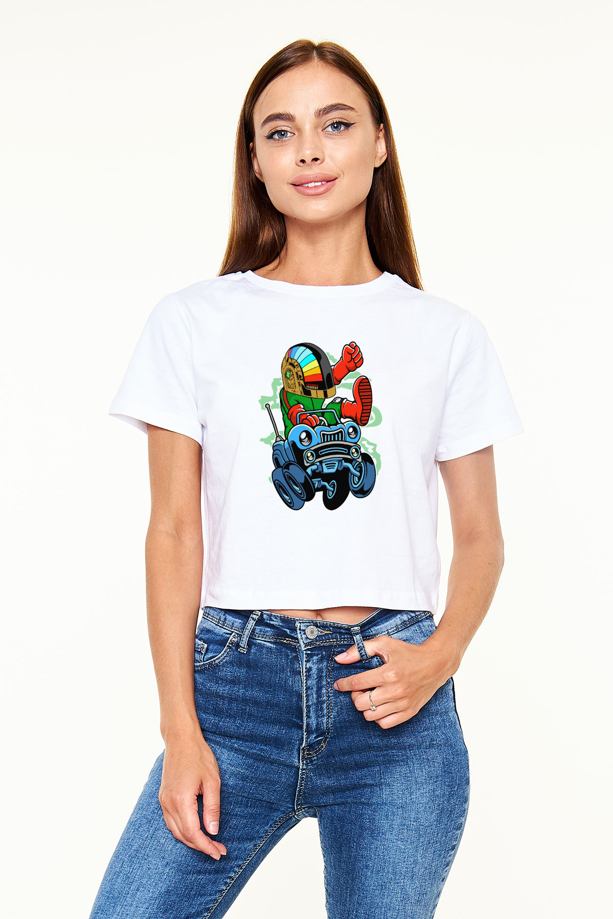 Road Daft Punk Baskılı Beyaz Kadın Crop Top Tişört