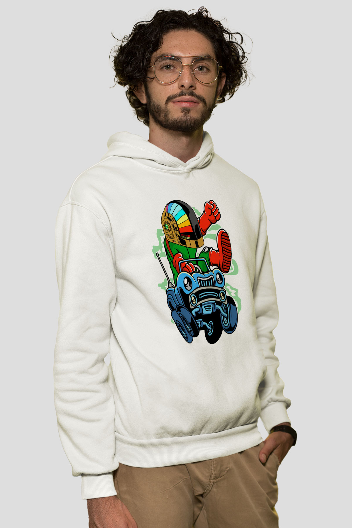 Road Daft Punk Baskılı Beyaz Unisex Hoodie