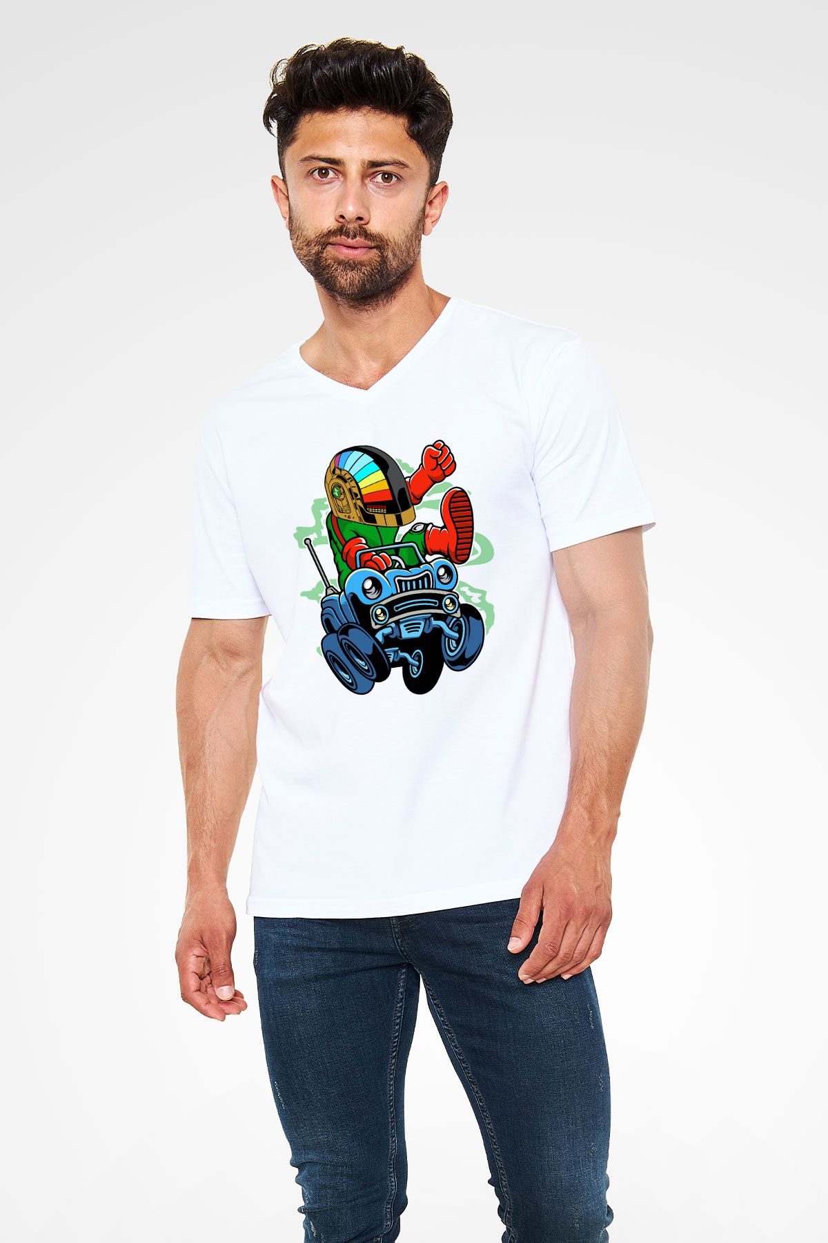 Road Daft Punk Baskılı Beyaz Unisex V Yaka Tişört