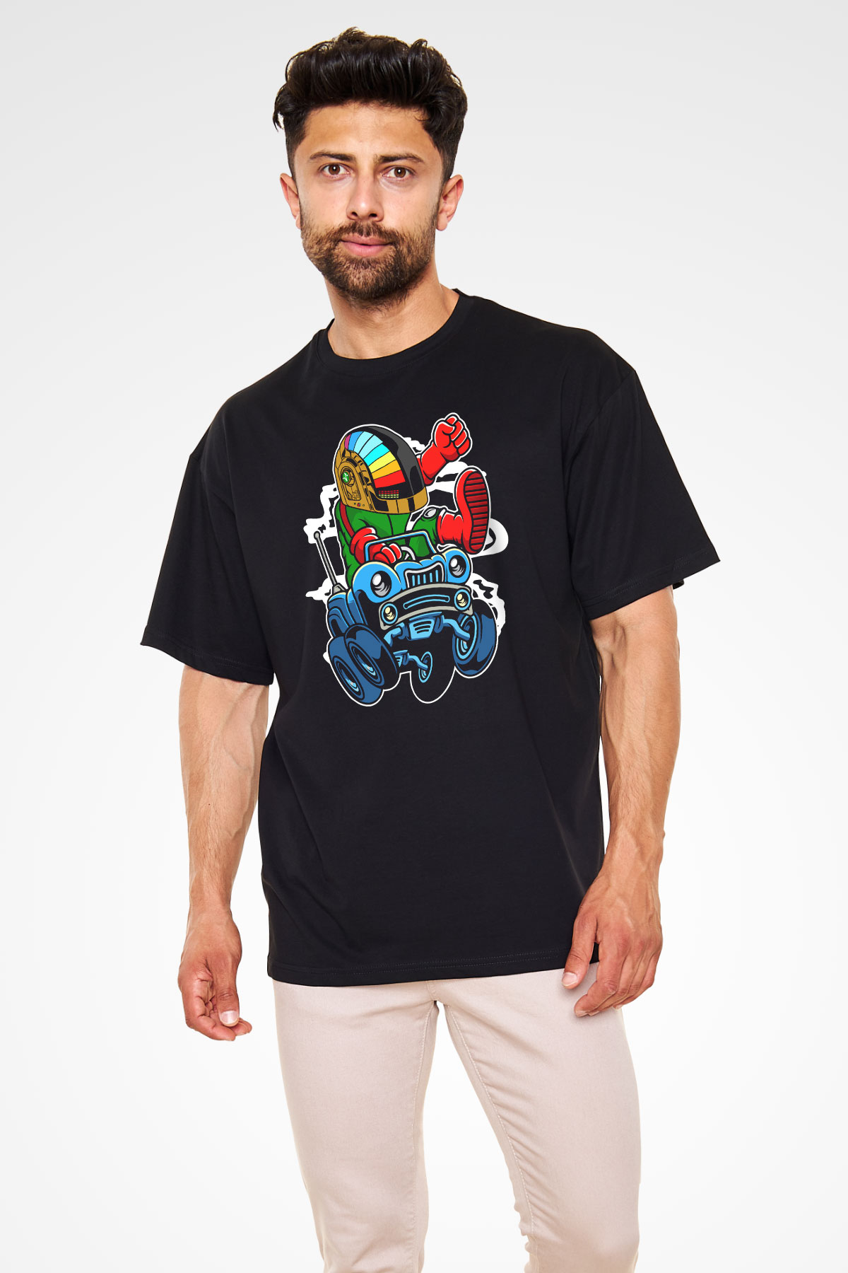 Road Daft Punk Baskılı Siyah Unisex Oversize Tişört