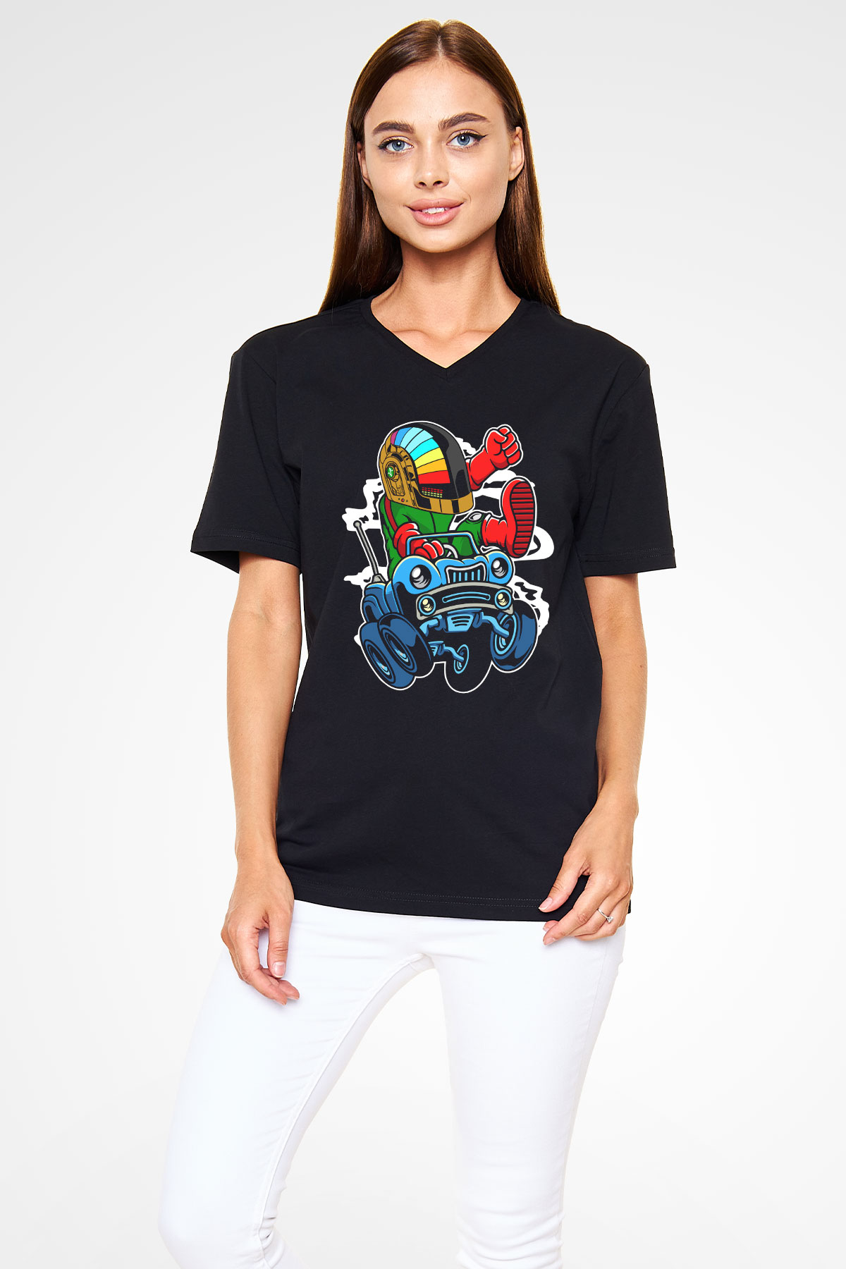 Road Daft Punk Baskılı Siyah Unisex V Yaka Tişört