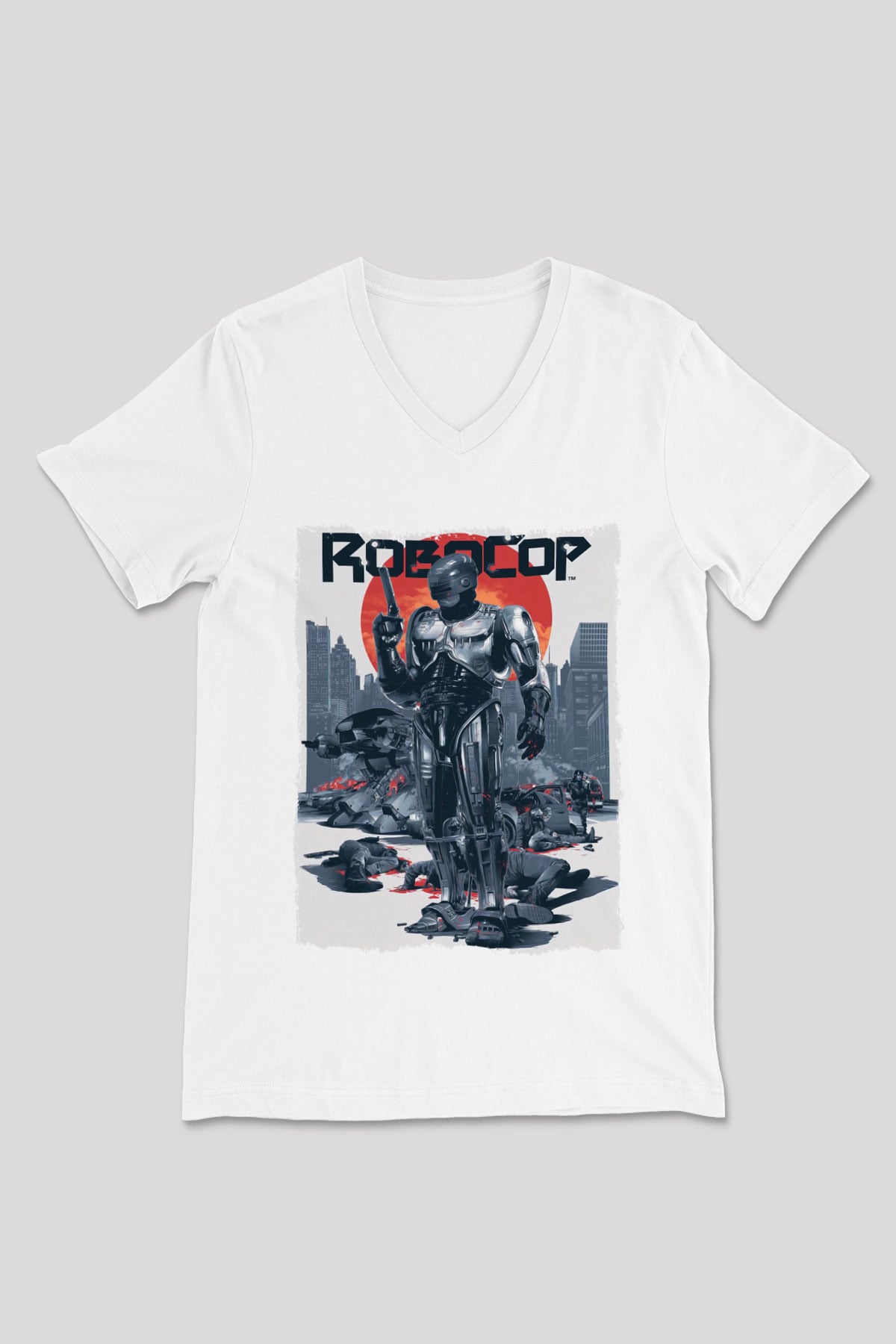 RoboCop Beyaz Unisex V Yaka Tişört