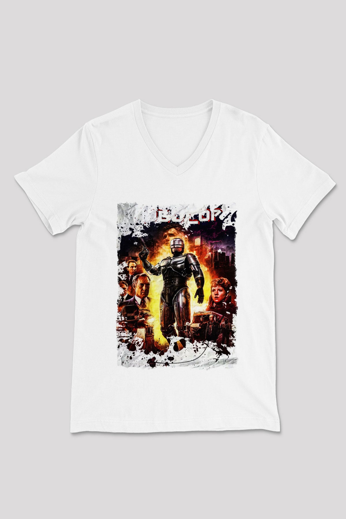 RoboCop Beyaz Unisex V Yaka Tişört
