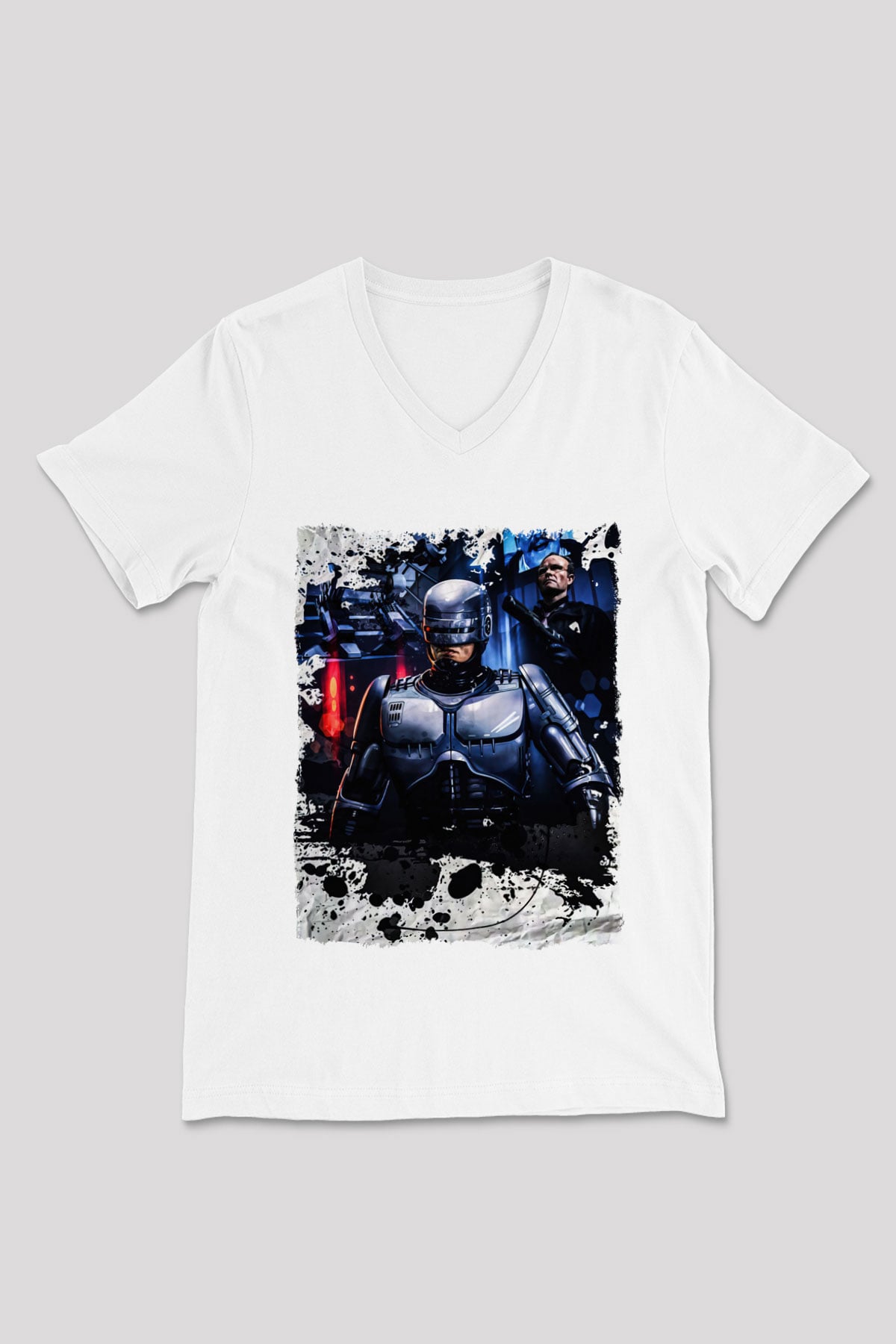 RoboCop Beyaz Unisex V Yaka Tişört