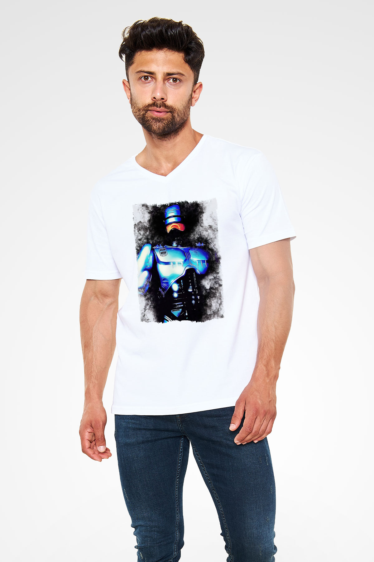 RoboCop Beyaz Unisex V Yaka Tişört