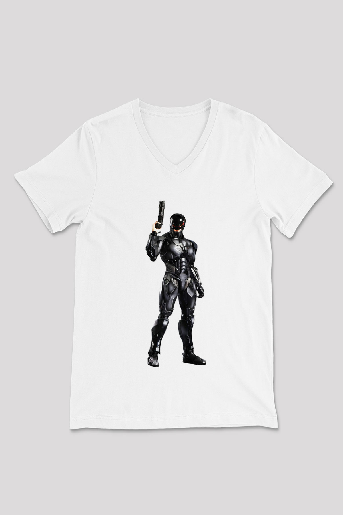 RoboCop Beyaz Unisex V Yaka Tişört T-Shirt