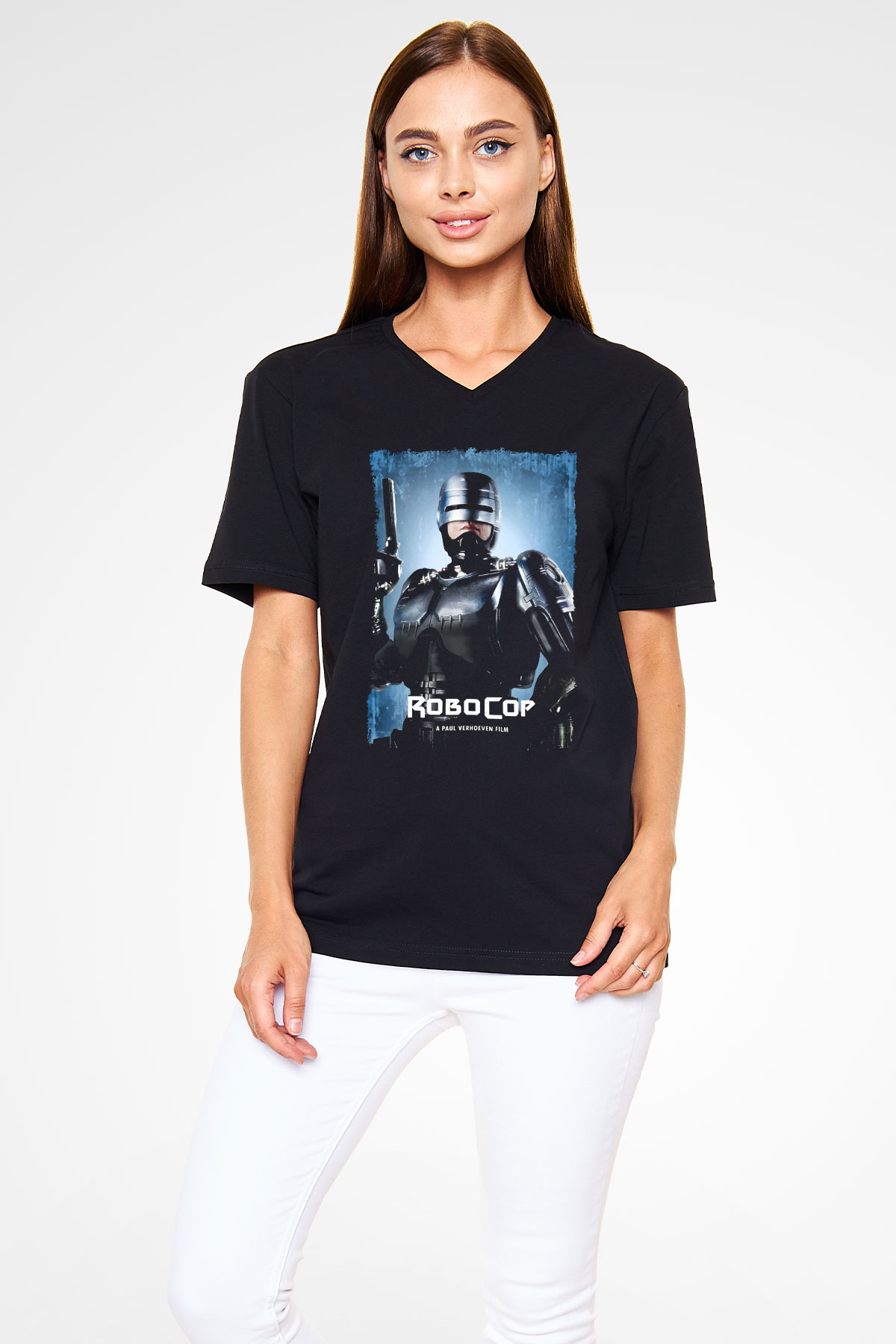 RoboCop Siyah Unisex V Yaka Tişört