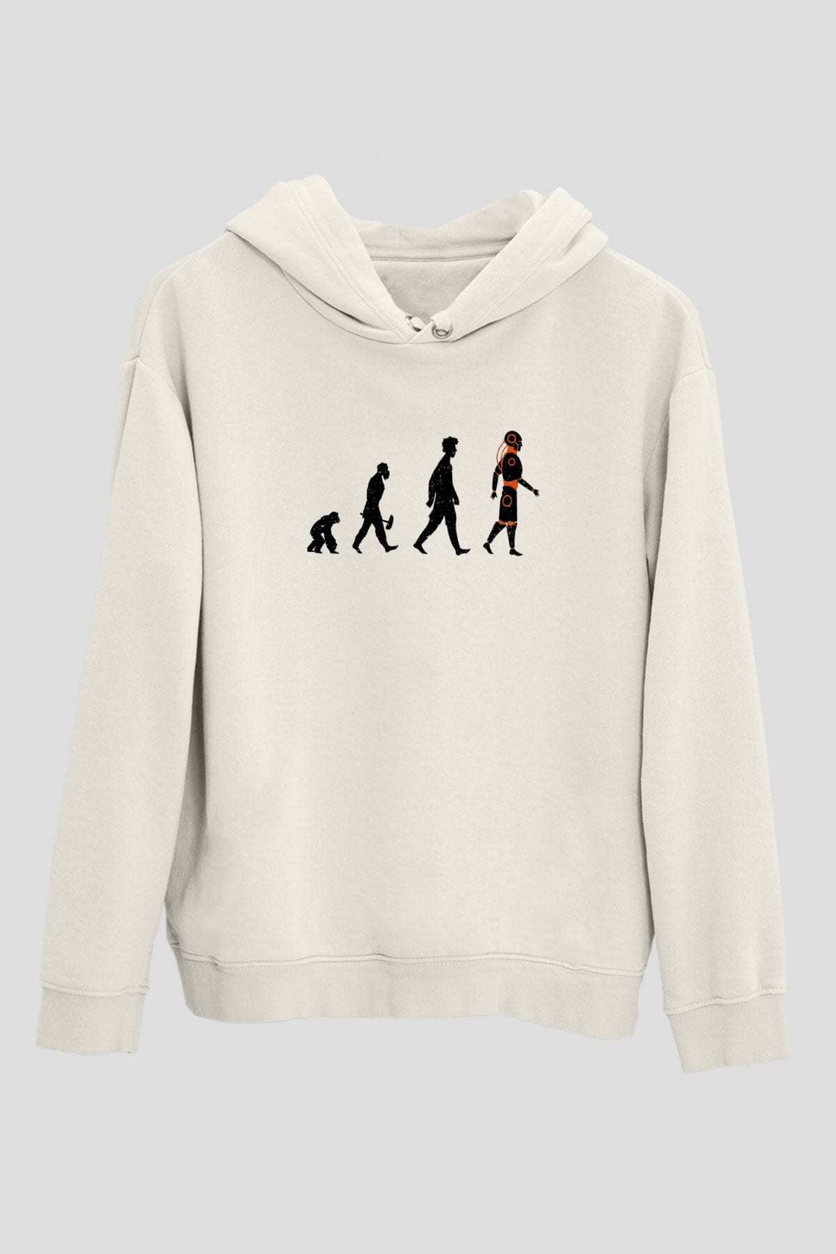 Robot Evrimi Baskılı Unisex Ekru Hoodie