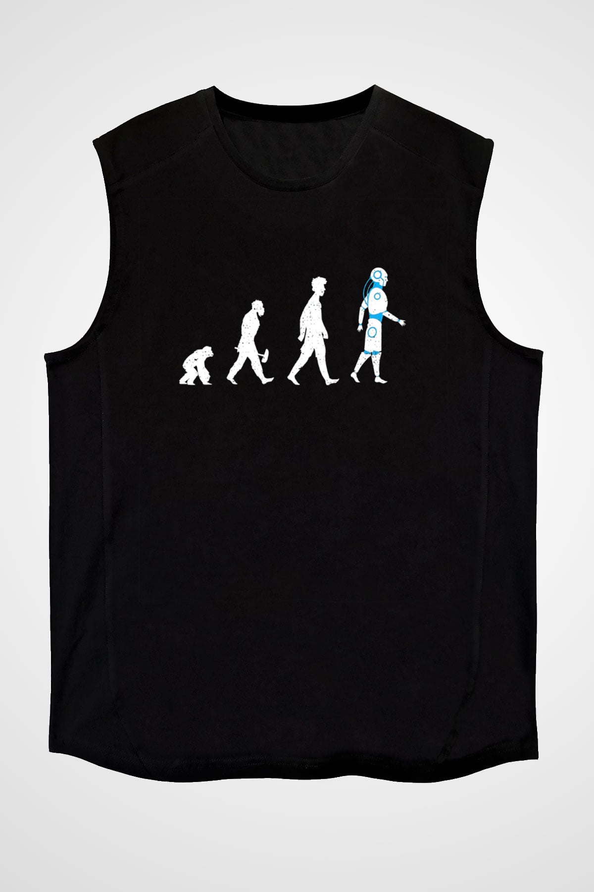 Robot Evrimi Baskılı Unisex Kolsuz Siyah Tişört - Tshirt