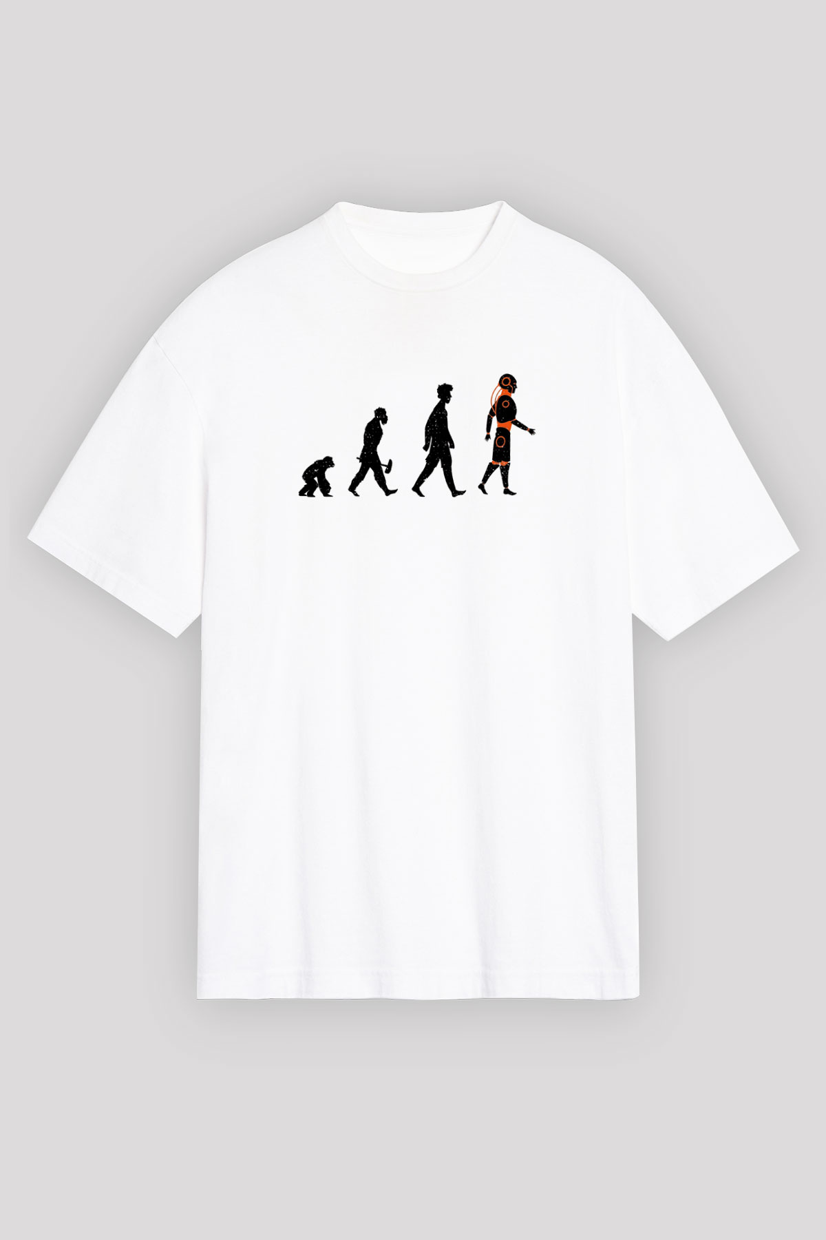 Robot Evrimi Baskılı Unisex Oversize Beyaz Tişört - Tshirt