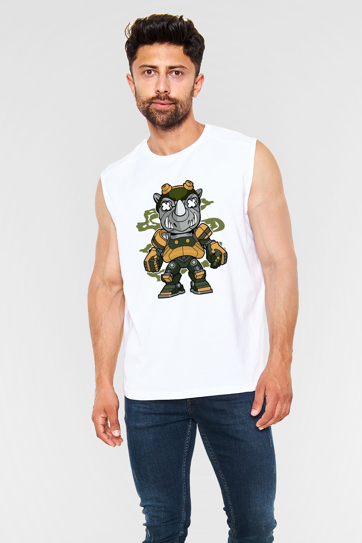 Rock Steady Mecha Baskılı Beyaz Unisex Kolsuz Tişört