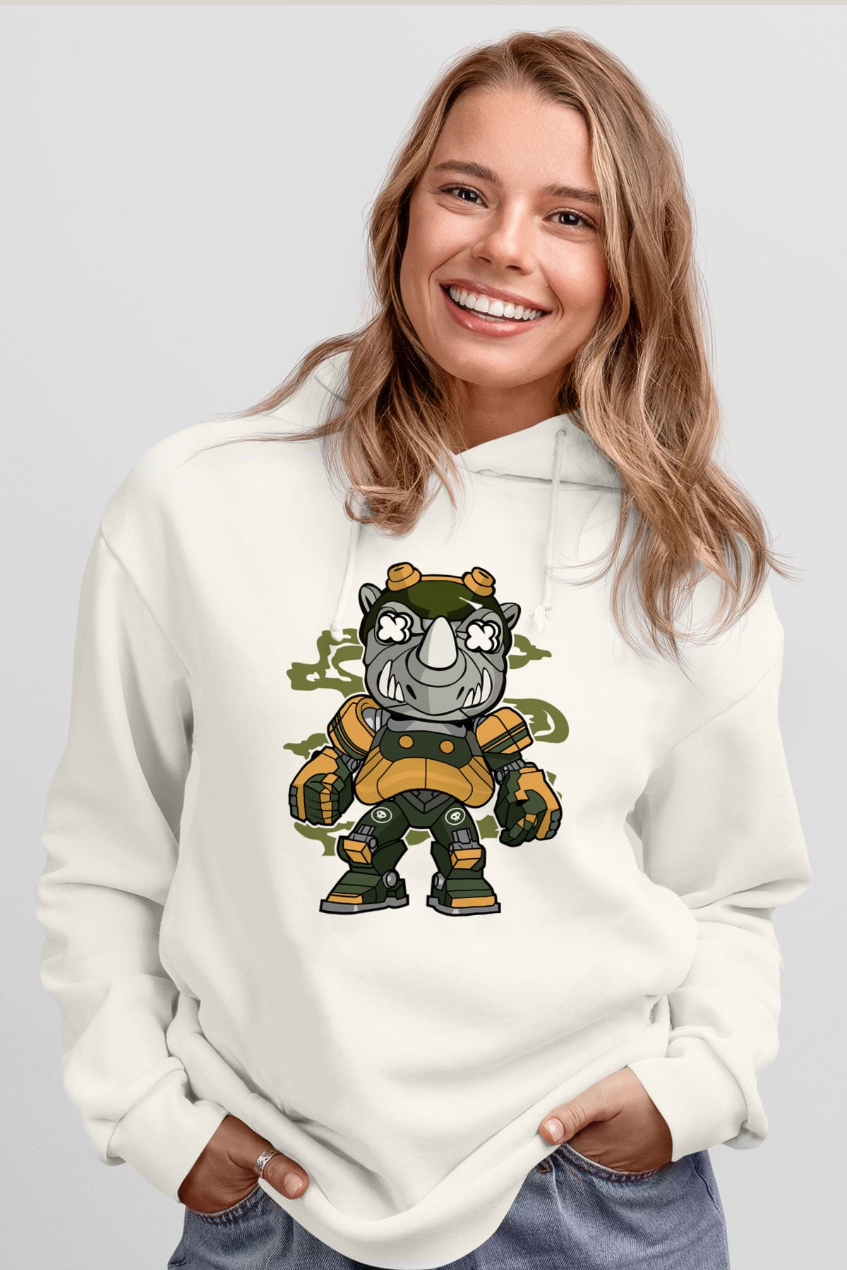 Rock Steady Mecha Baskılı Beyaz Unisex Hoodie
