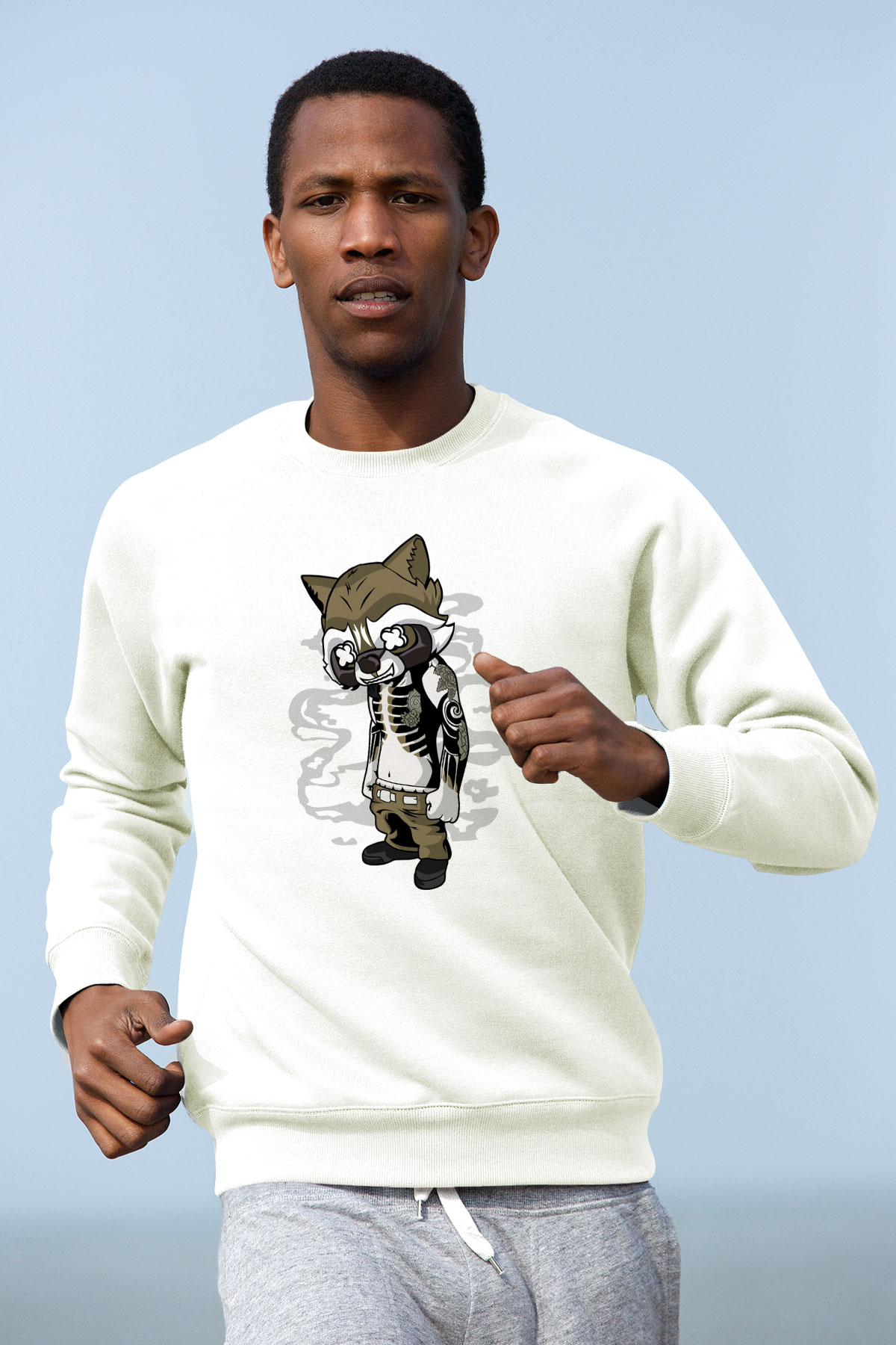 Rocket Gangster Baskılı Beyaz Unisex Sweatshirt