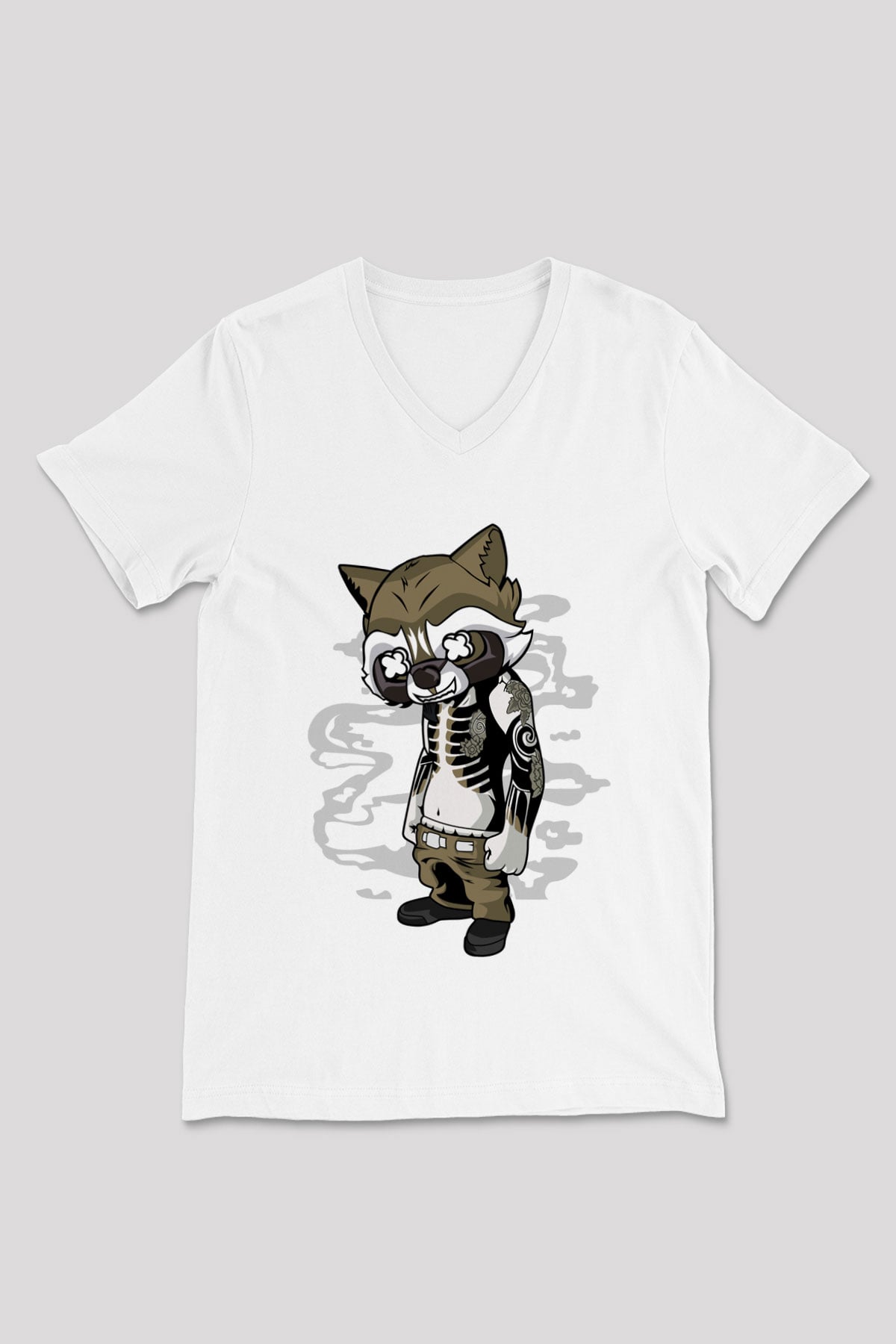Rocket Gangster Baskılı Beyaz Unisex V Yaka Tişört