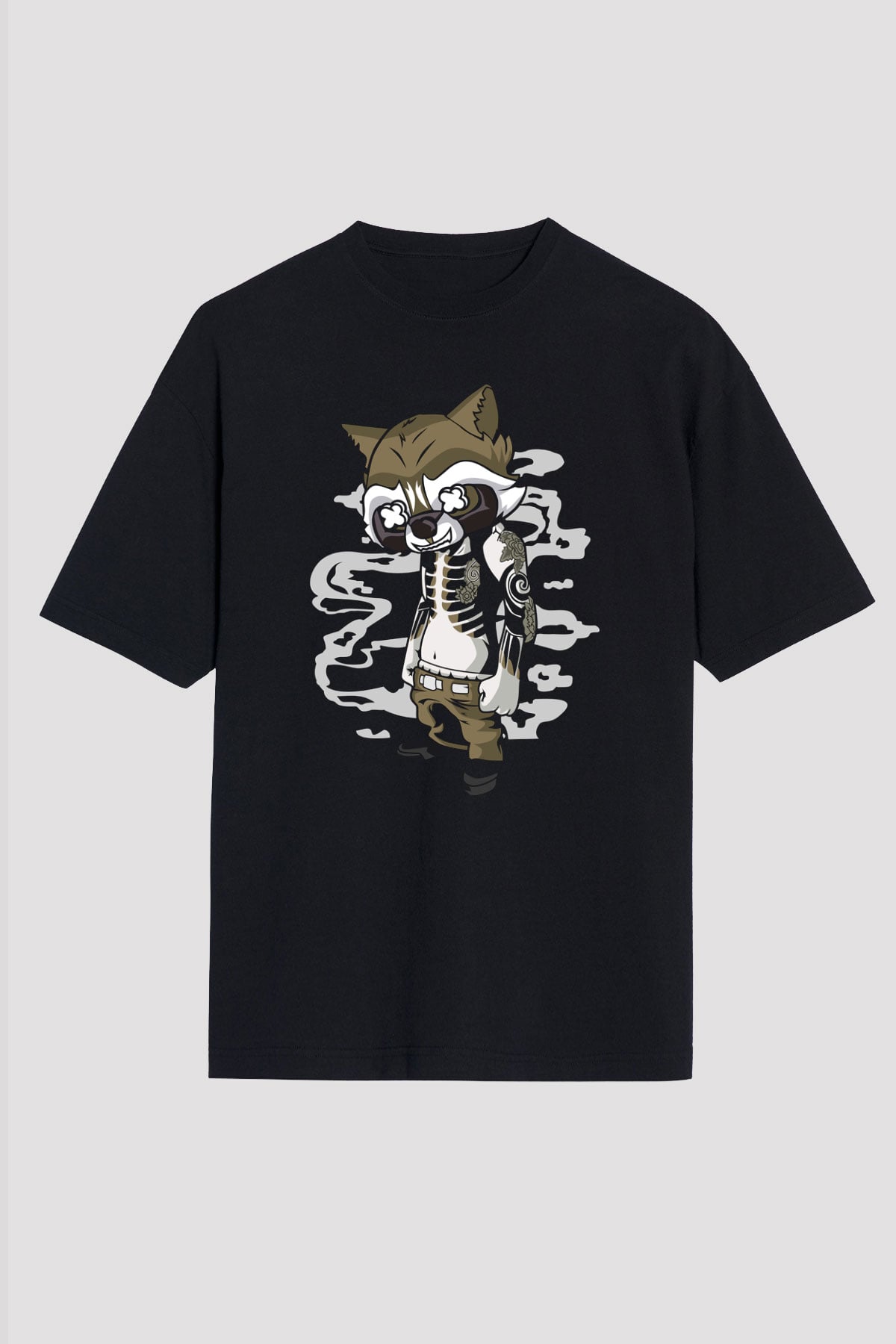Rocket Gangster Baskılı Siyah Unisex Oversize Tişört