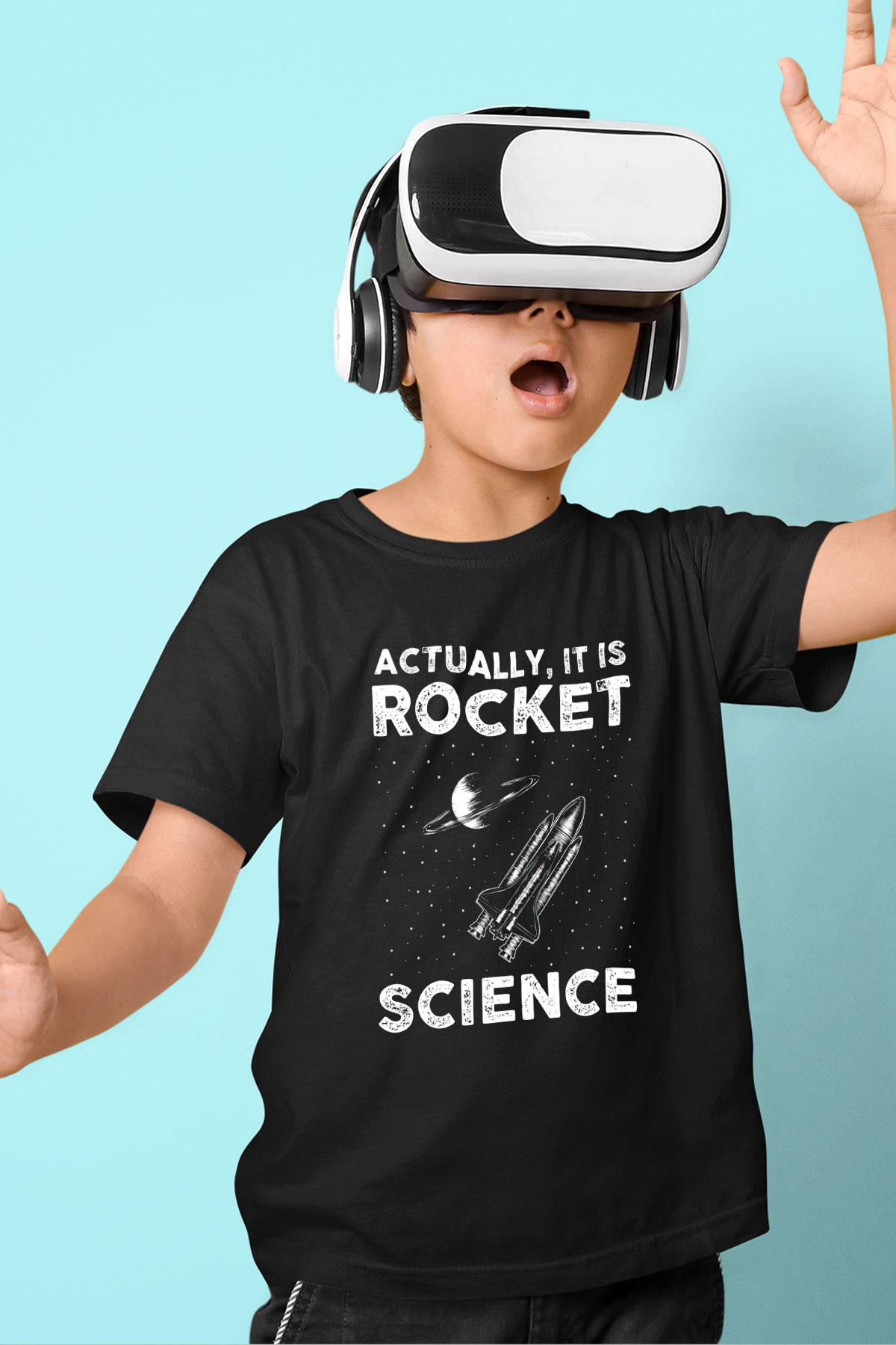 Roket Bilim Baskılı Unisex Siyah Çocuk Tişörtü - Tshirt