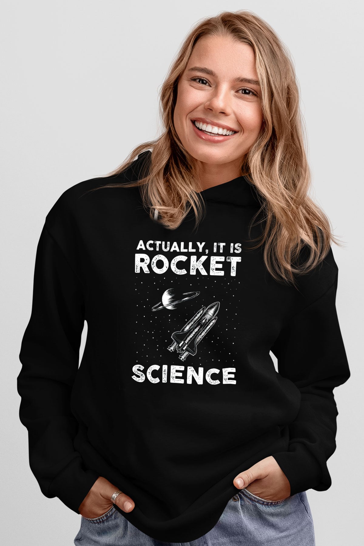 Roket Bilim Baskılı Unisex Siyah Kapüşonlu Sweatshirt