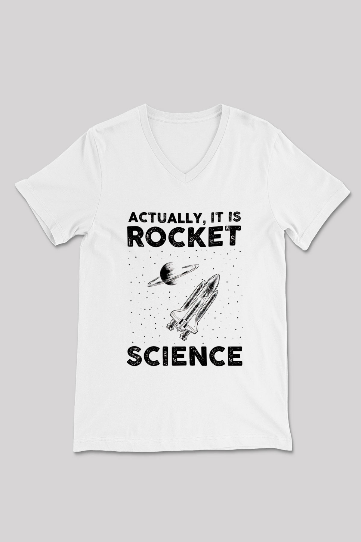 Roket Bilim Baskılı Unisex V Yaka Beyaz Tişört - Tshirt