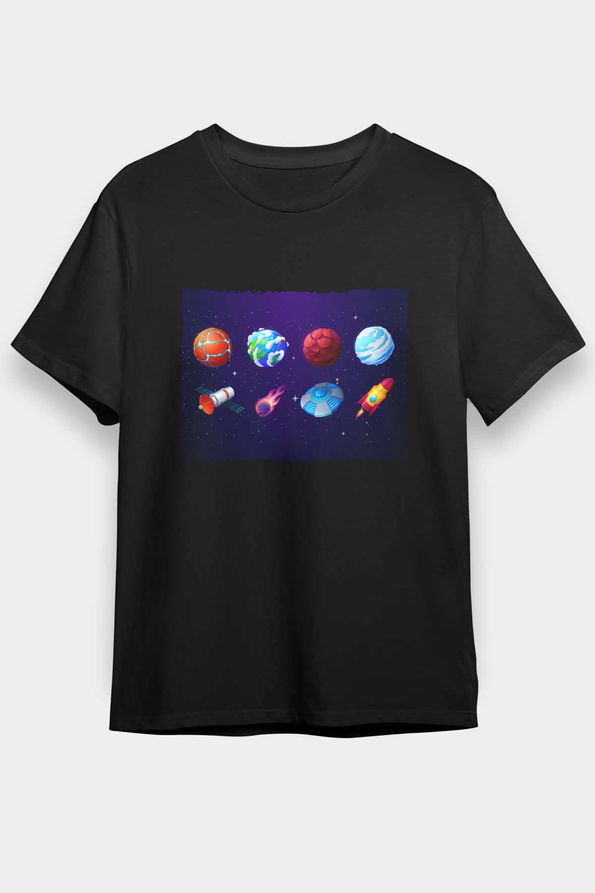 Roketler Ve Gezegenler Baskılı Unisex Siyah Tişört