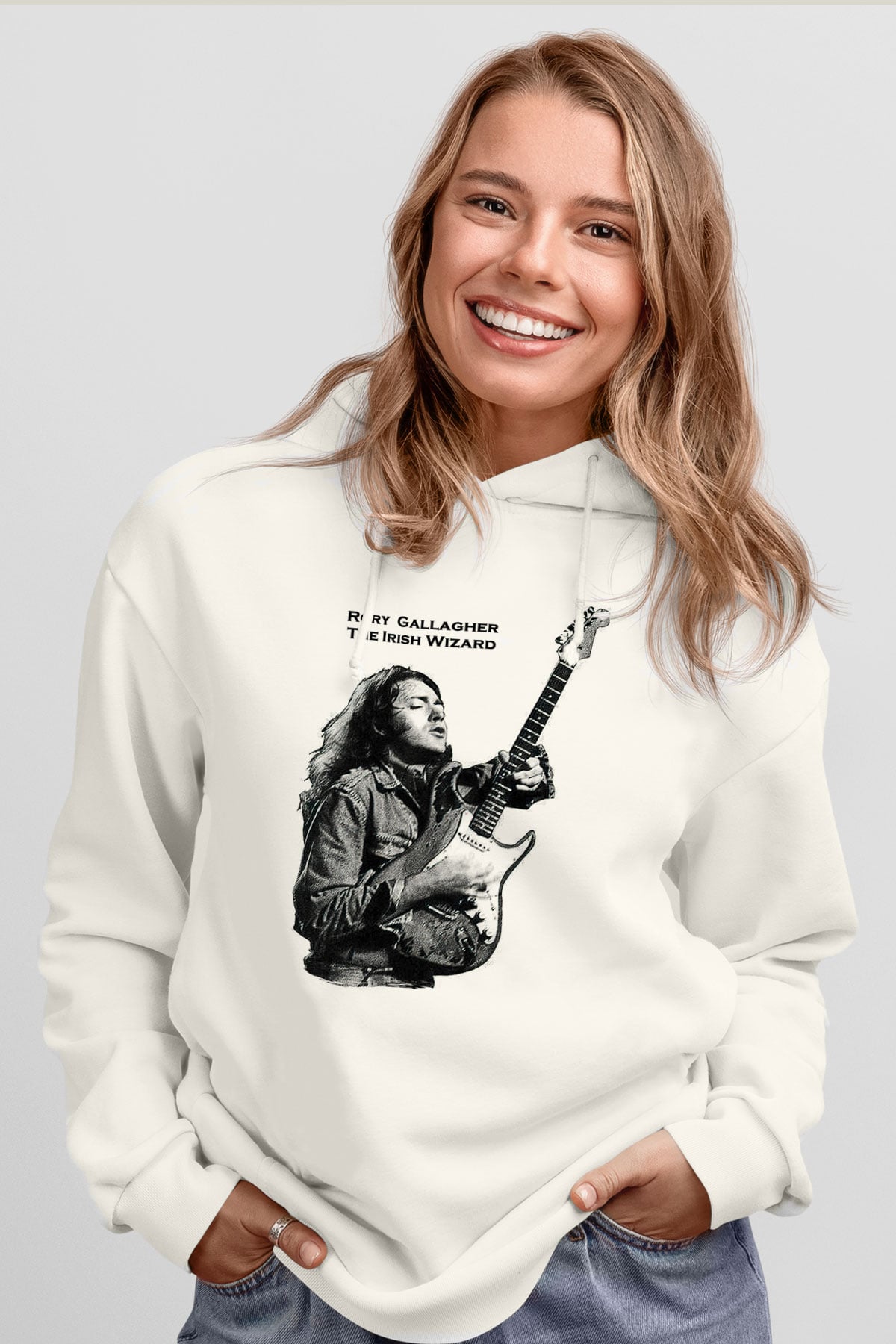 Rory Gallagher Baskılı Beyaz Unisex Kapüşonlu Sweatshirt