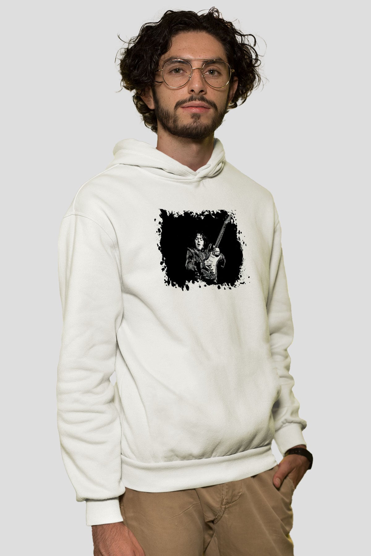 Rory Gallagher Baskılı Beyaz Unisex Kapüşonlu Sweatshirt