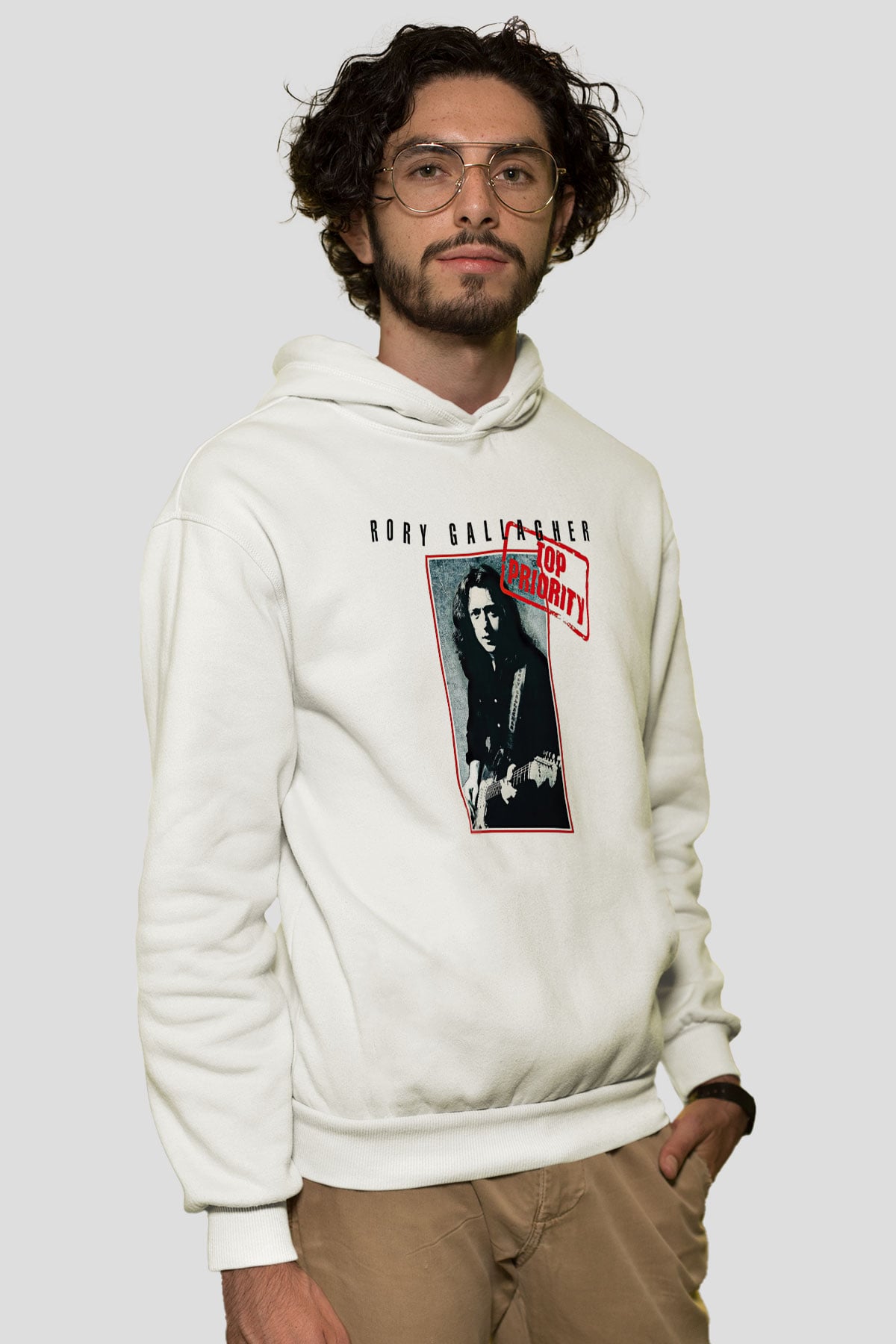 Rory Gallagher Baskılı Beyaz Unisex Kapüşonlu Sweatshirt