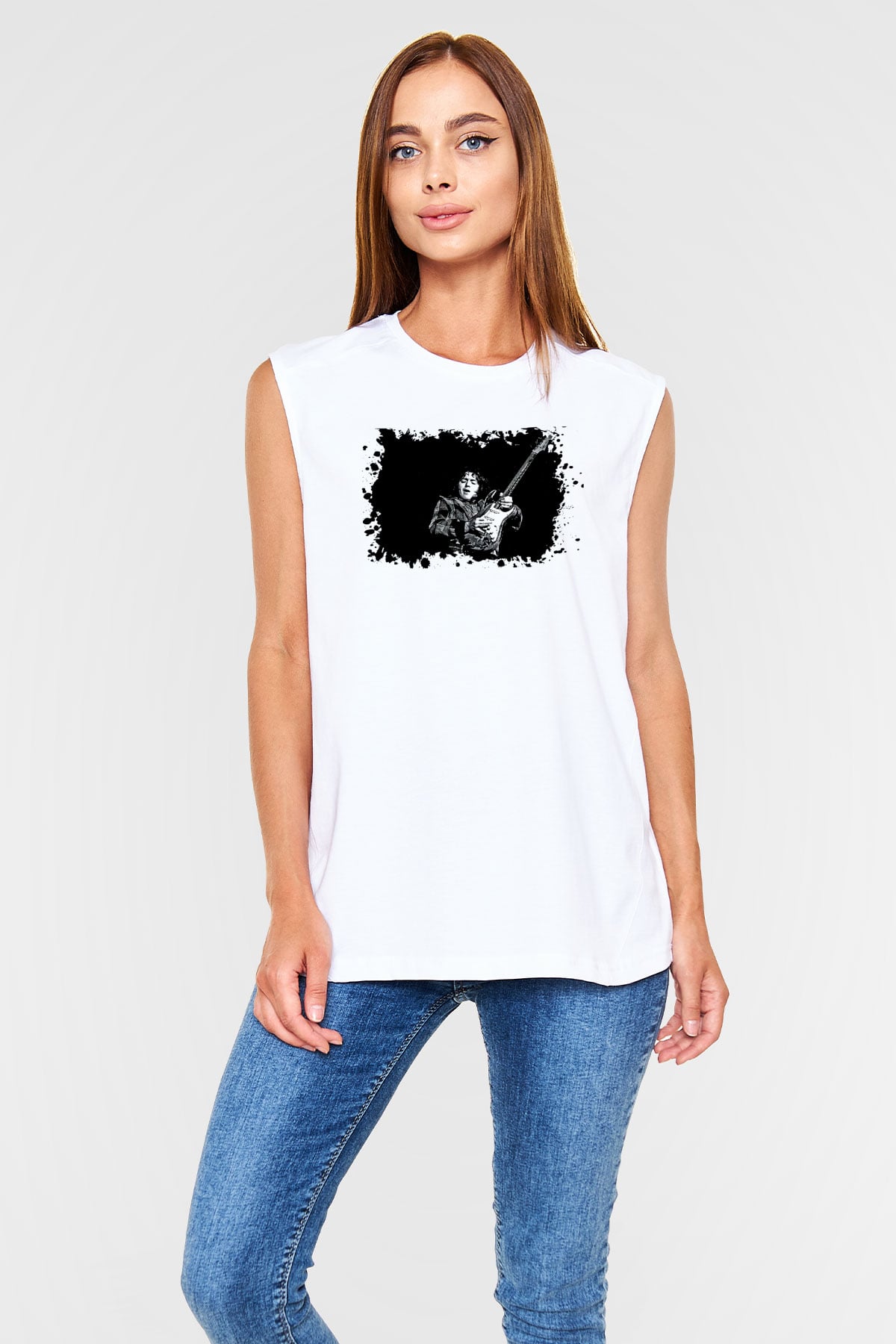Rory Gallagher Baskılı Beyaz Unisex Kolsuz Tişört - Tshirt