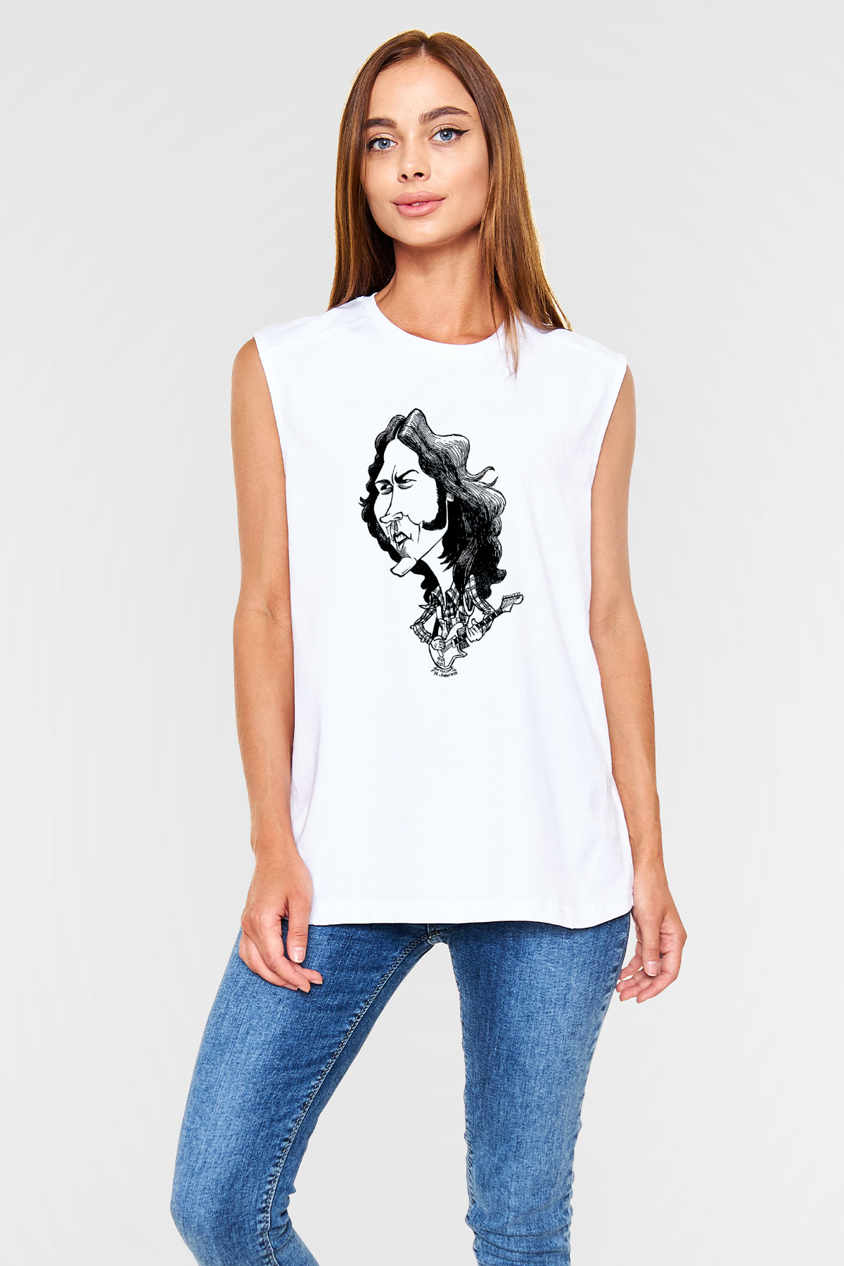 Rory Gallagher Baskılı Beyaz Unisex Kolsuz Tişört - Tshirt