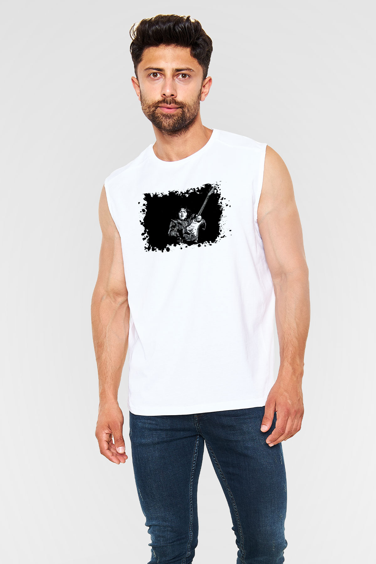 Rory Gallagher Baskılı Beyaz Unisex Kolsuz Tişört - Tshirt