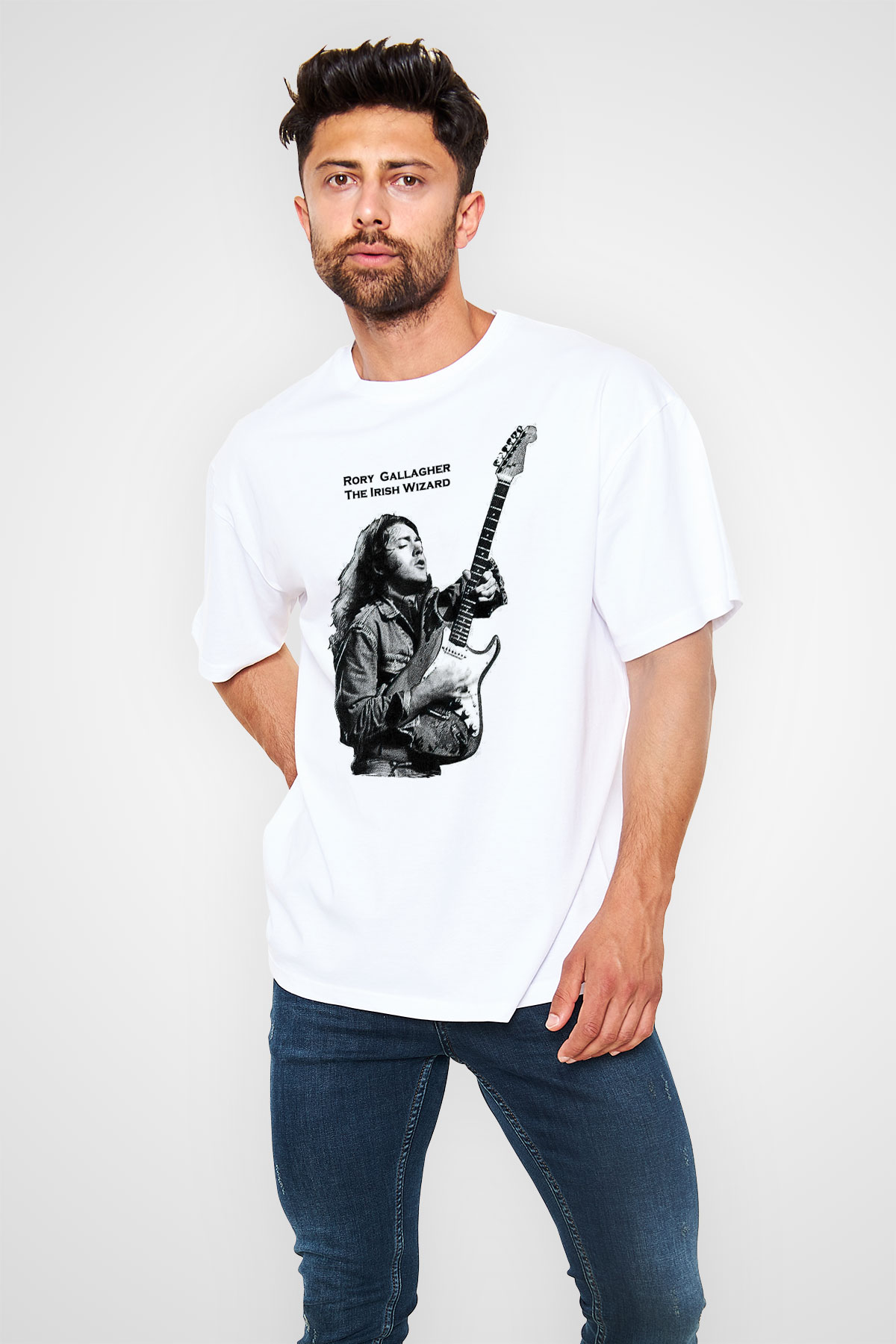 Rory Gallagher Baskılı Beyaz Unisex Oversize Tişört - Tshirt