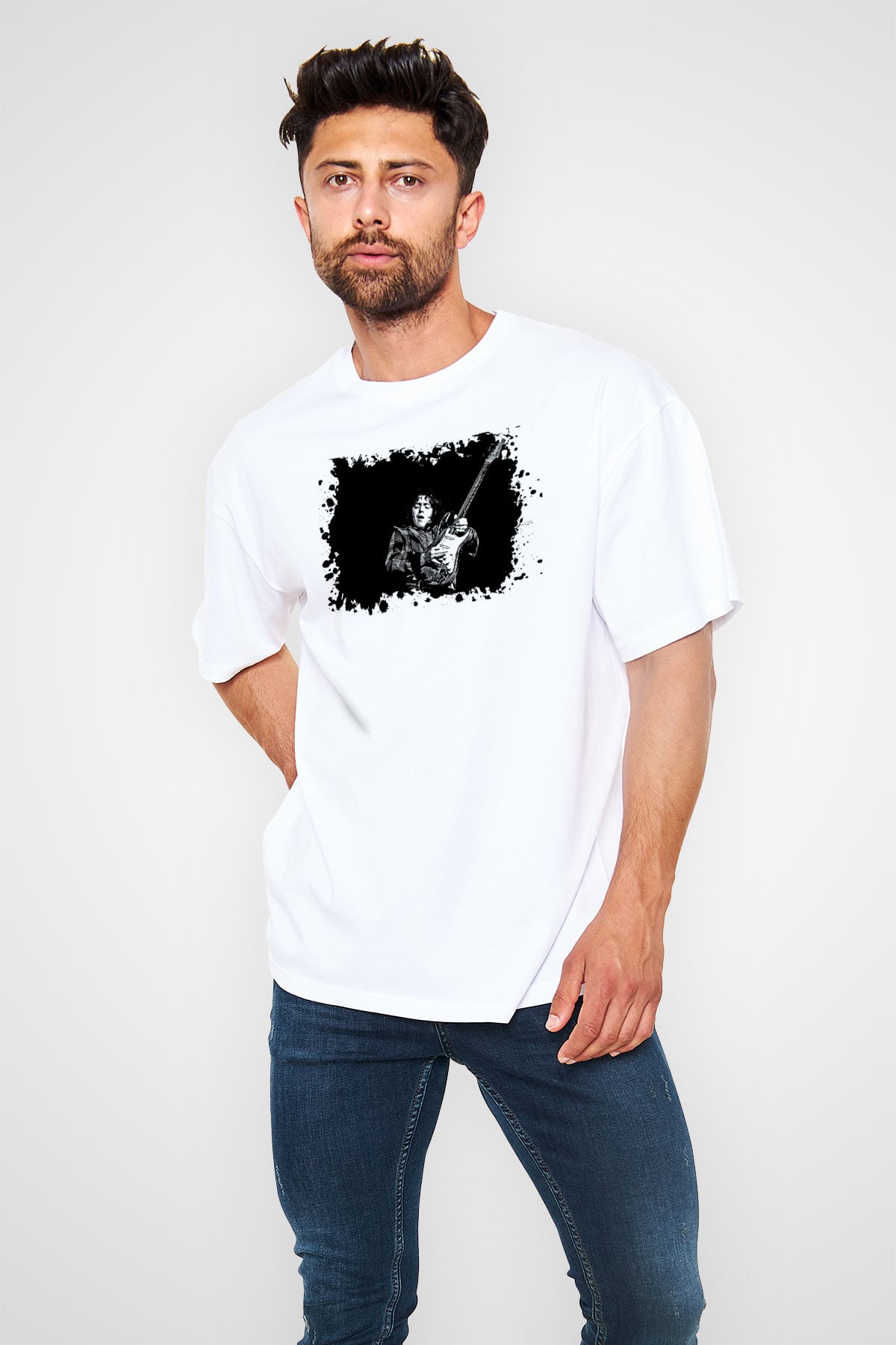 Rory Gallagher Baskılı Beyaz Unisex Oversize Tişört - Tshirt