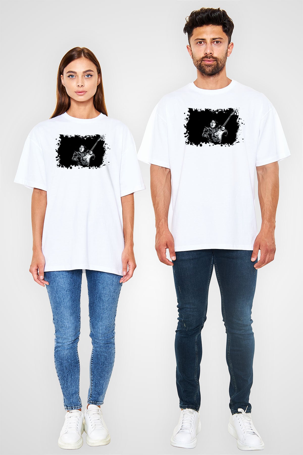Rory Gallagher Baskılı Beyaz Unisex Oversize Tişört - Tshirt