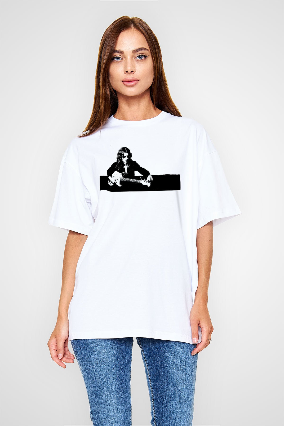 Rory Gallagher Baskılı Beyaz Unisex Oversize Tişört - Tshirt
