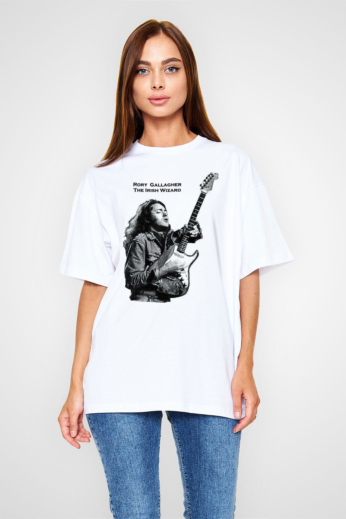 Rory Gallagher Baskılı Beyaz Unisex Oversize Tişört - Tshirt
