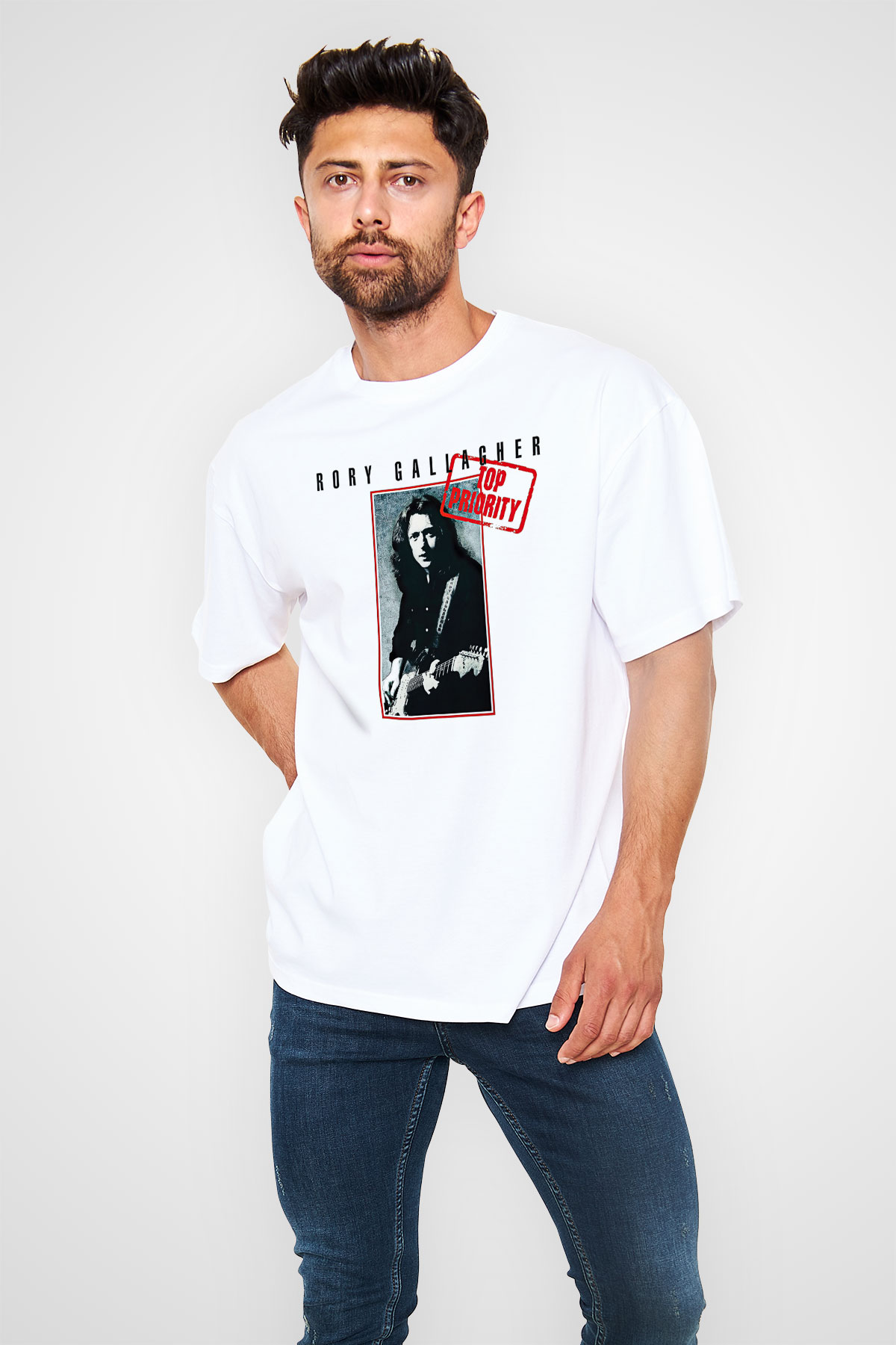 Rory Gallagher Baskılı Beyaz Unisex Oversize Tişört - Tshirt
