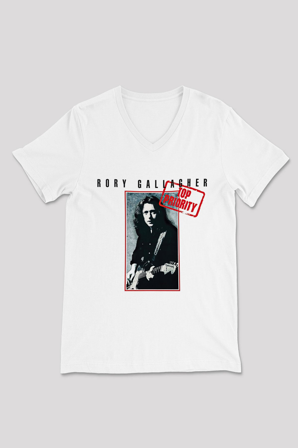 Rory Gallagher Baskılı Beyaz Unisex V Yaka Tişört - Tshirt