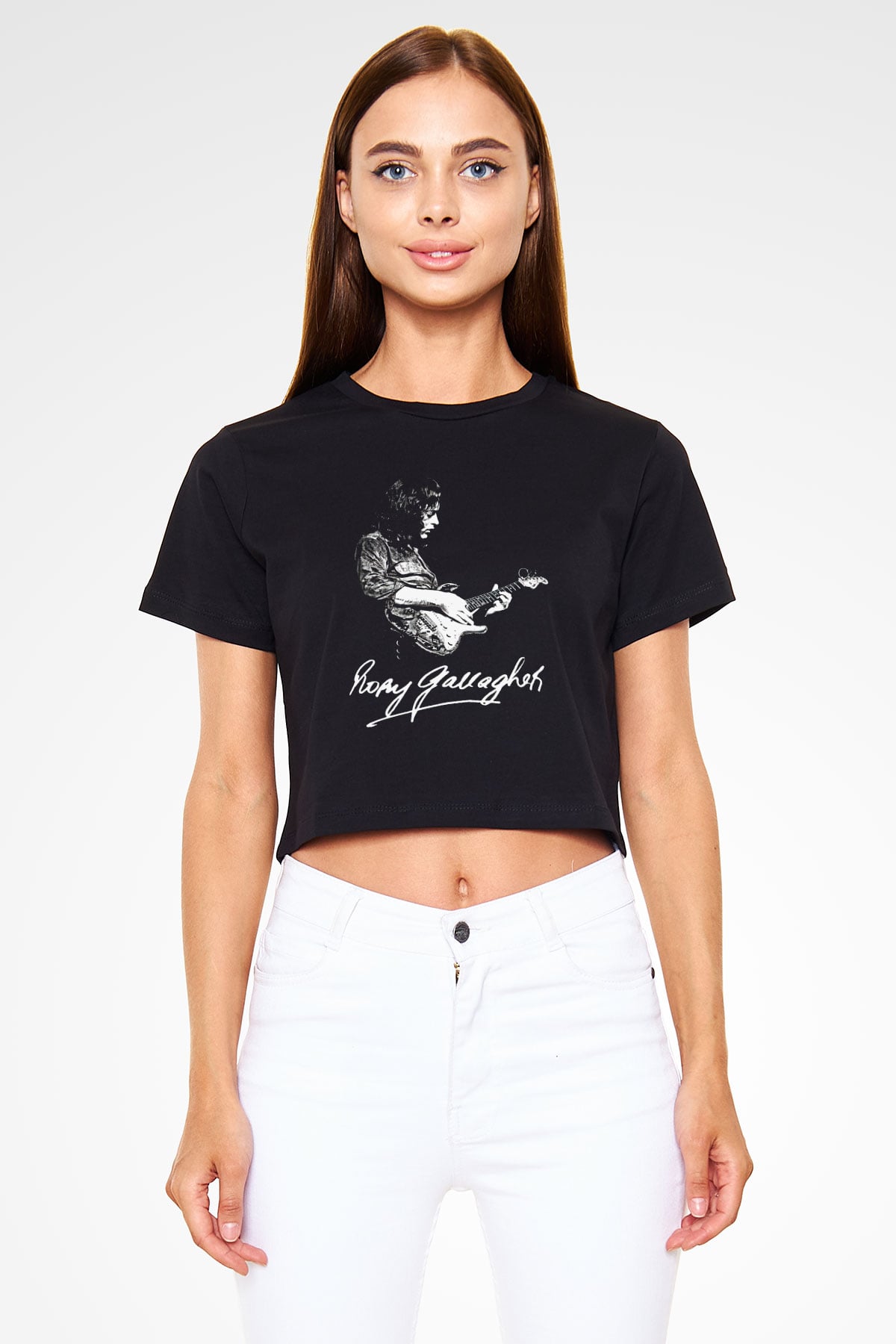 Rory Gallagher Baskılı Siyah Crop Top Kadın Tişört - Tshirt