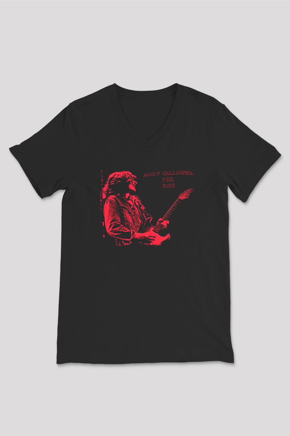 Rory Gallagher Baskılı Unisex Siyah V Yaka Tişört - Tshirt