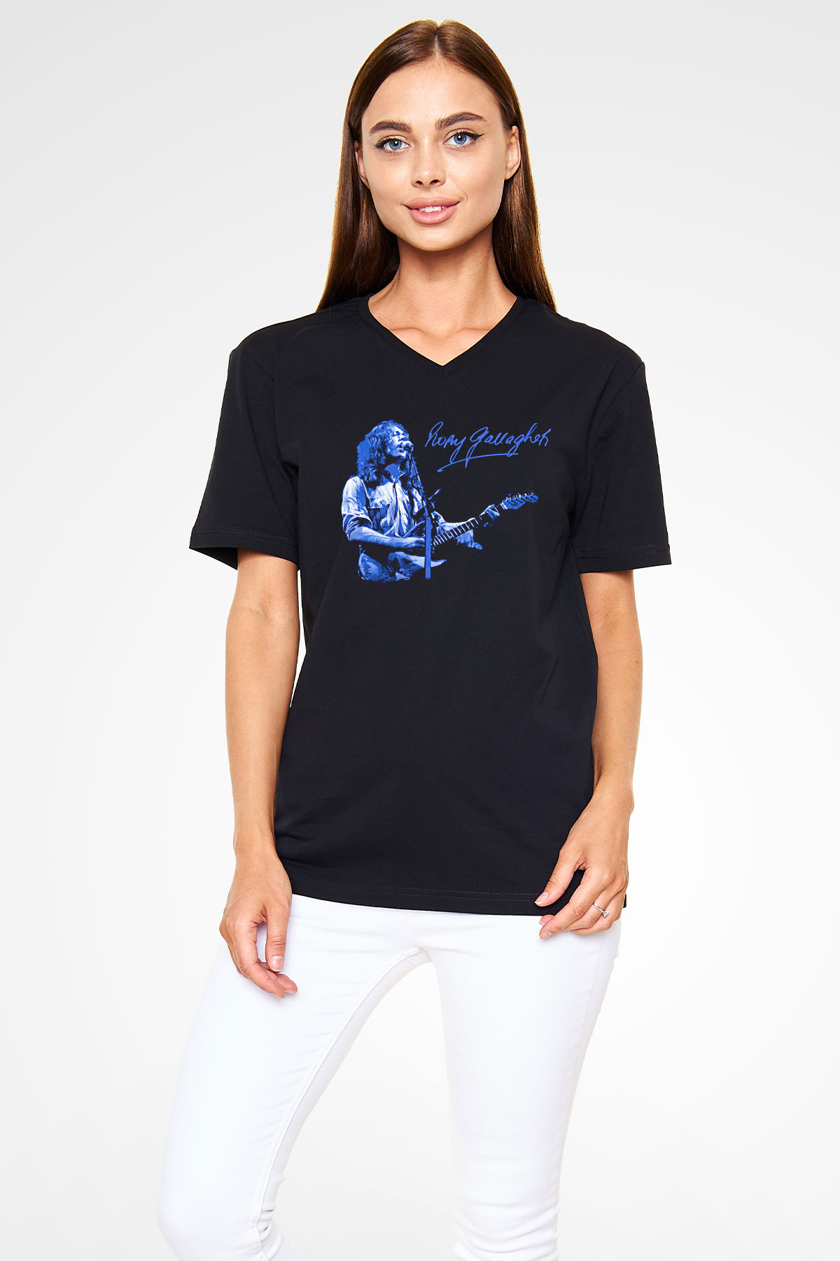 Rory Gallagher Baskılı Unisex Siyah V Yaka Tişört - Tshirt