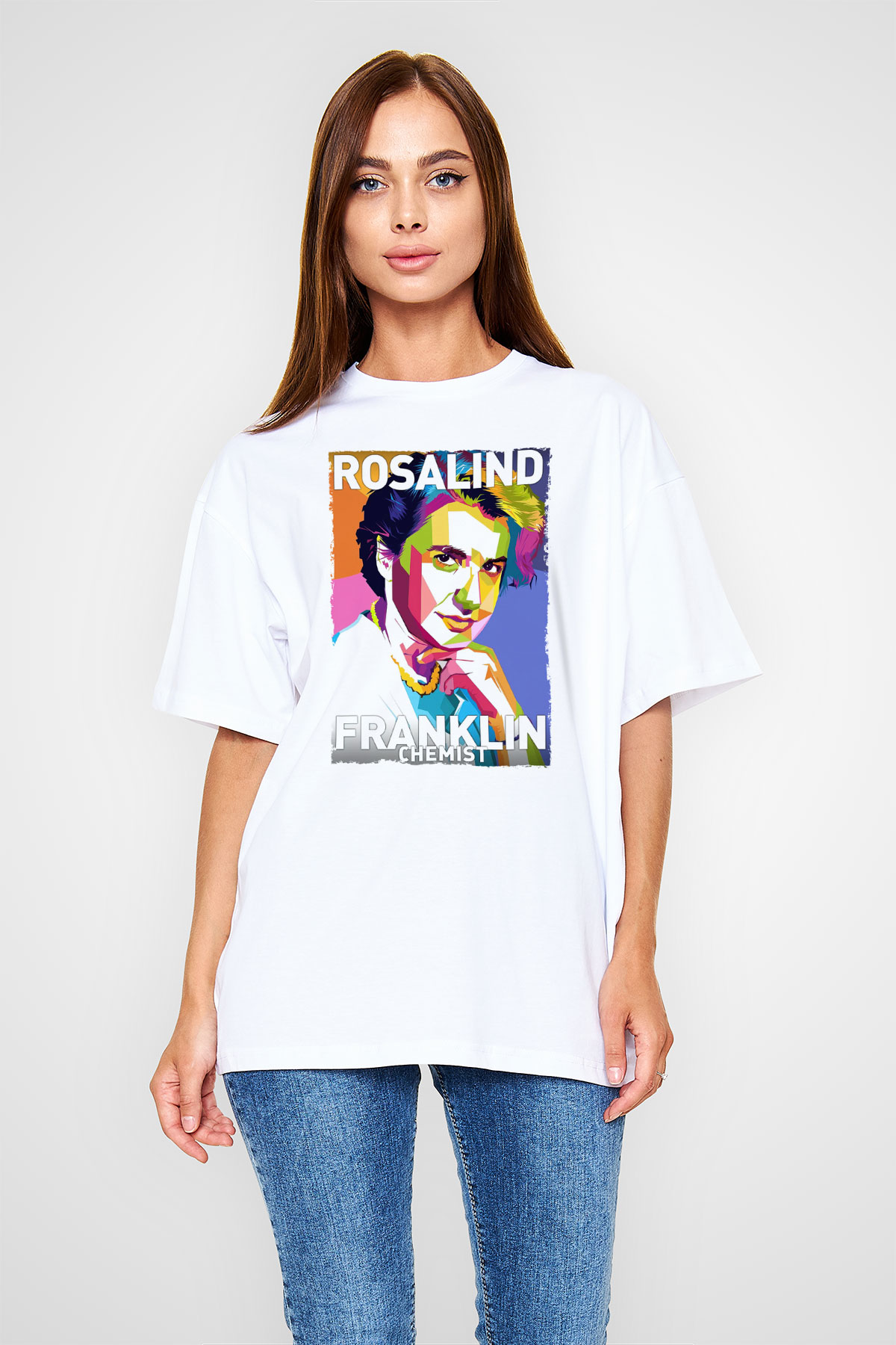 Rosalind Franklin Baskılı Unisex Oversize Beyaz Tişört - Tshirt