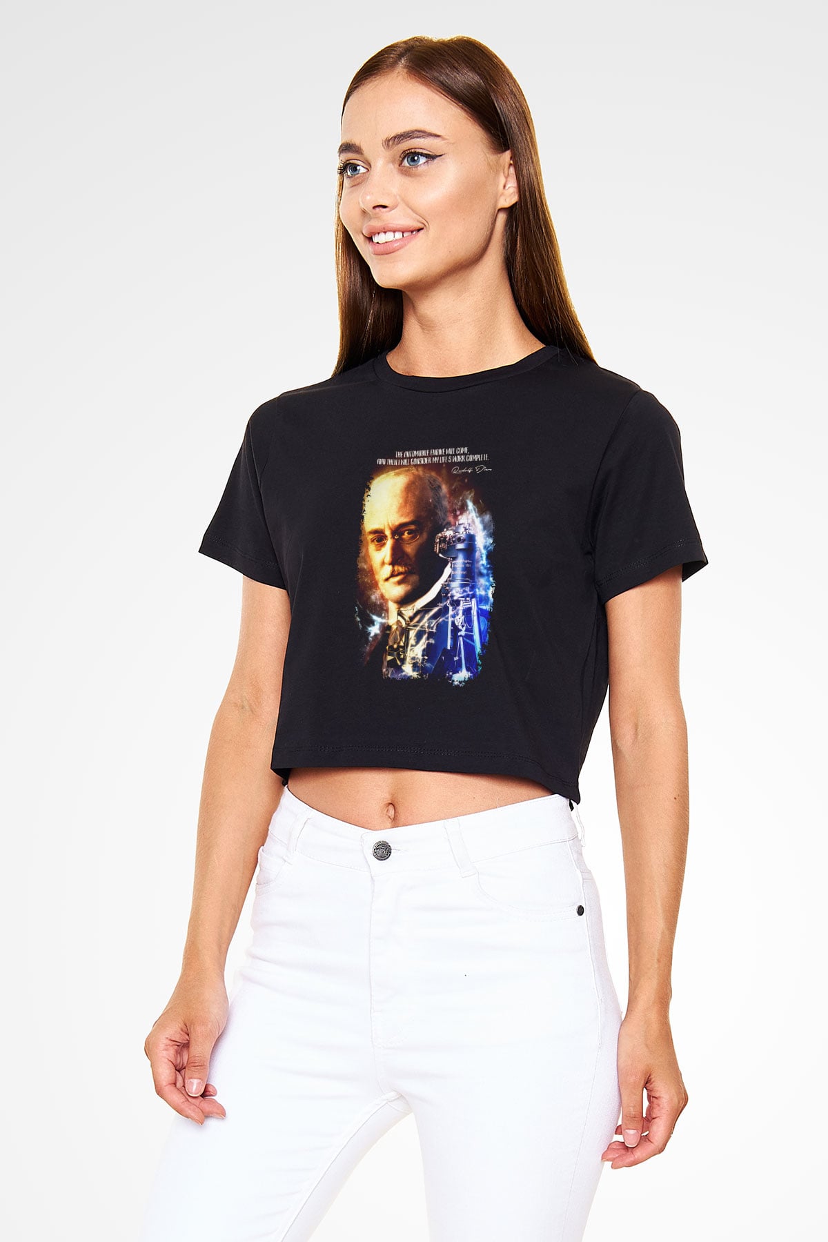 Rudolf Diesel Baskılı Crop Top Kadın Tİşört - Tshirt