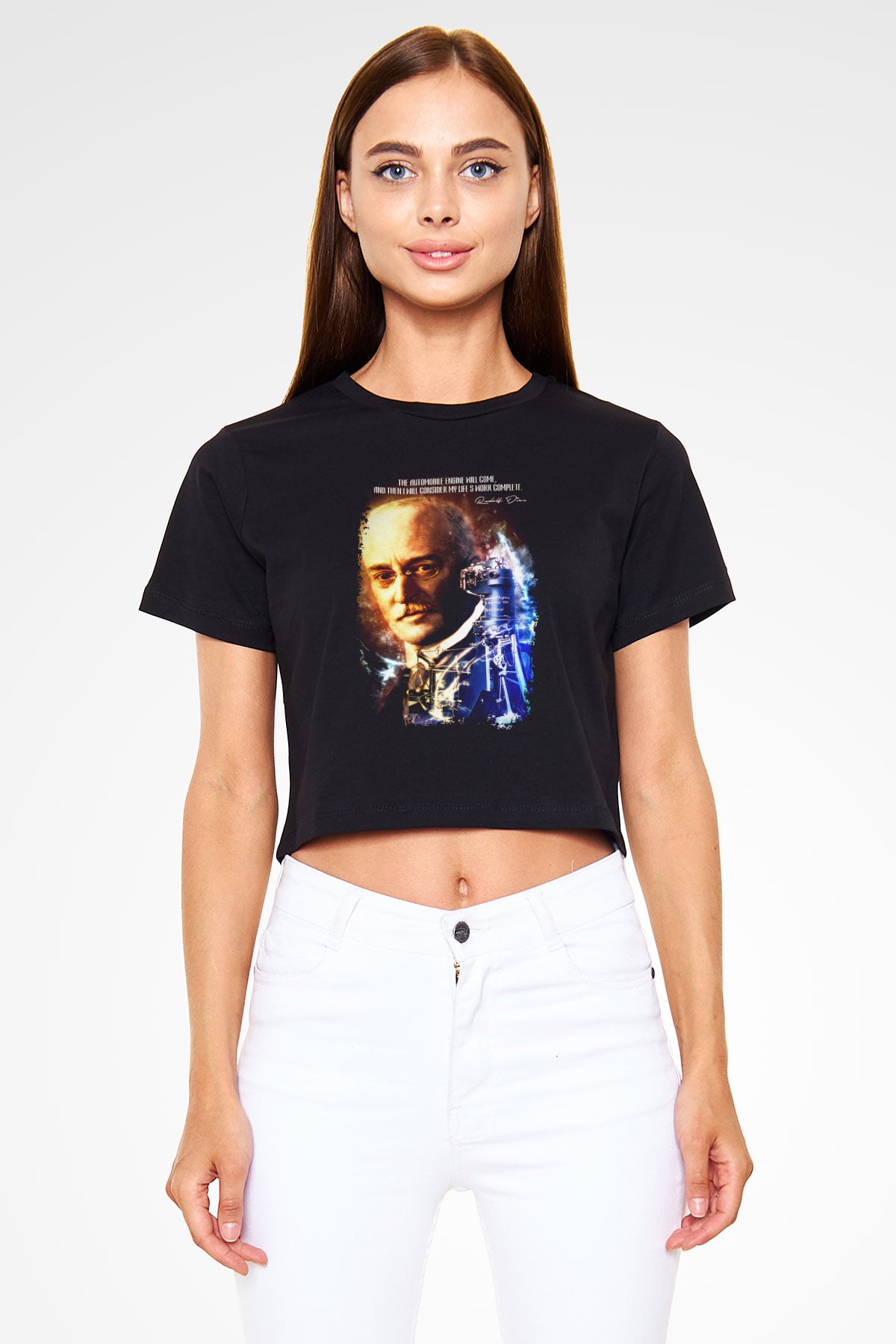 Rudolf Diesel Baskılı Crop Top Kadın Tİşört - Tshirt