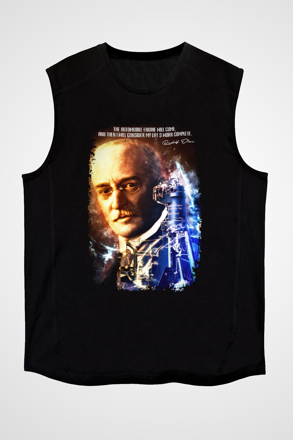 Rudolf Diesel Baskılı Unisex Kolsuz Siyah Tişört - Tshirt