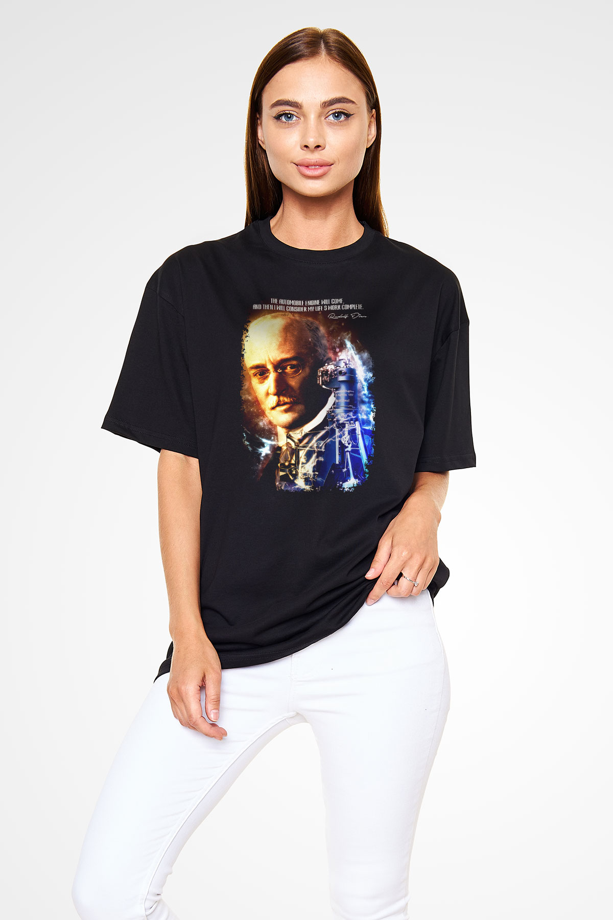 Rudolf Diesel Baskılı Unisex Oversize Tişört - Tshirt