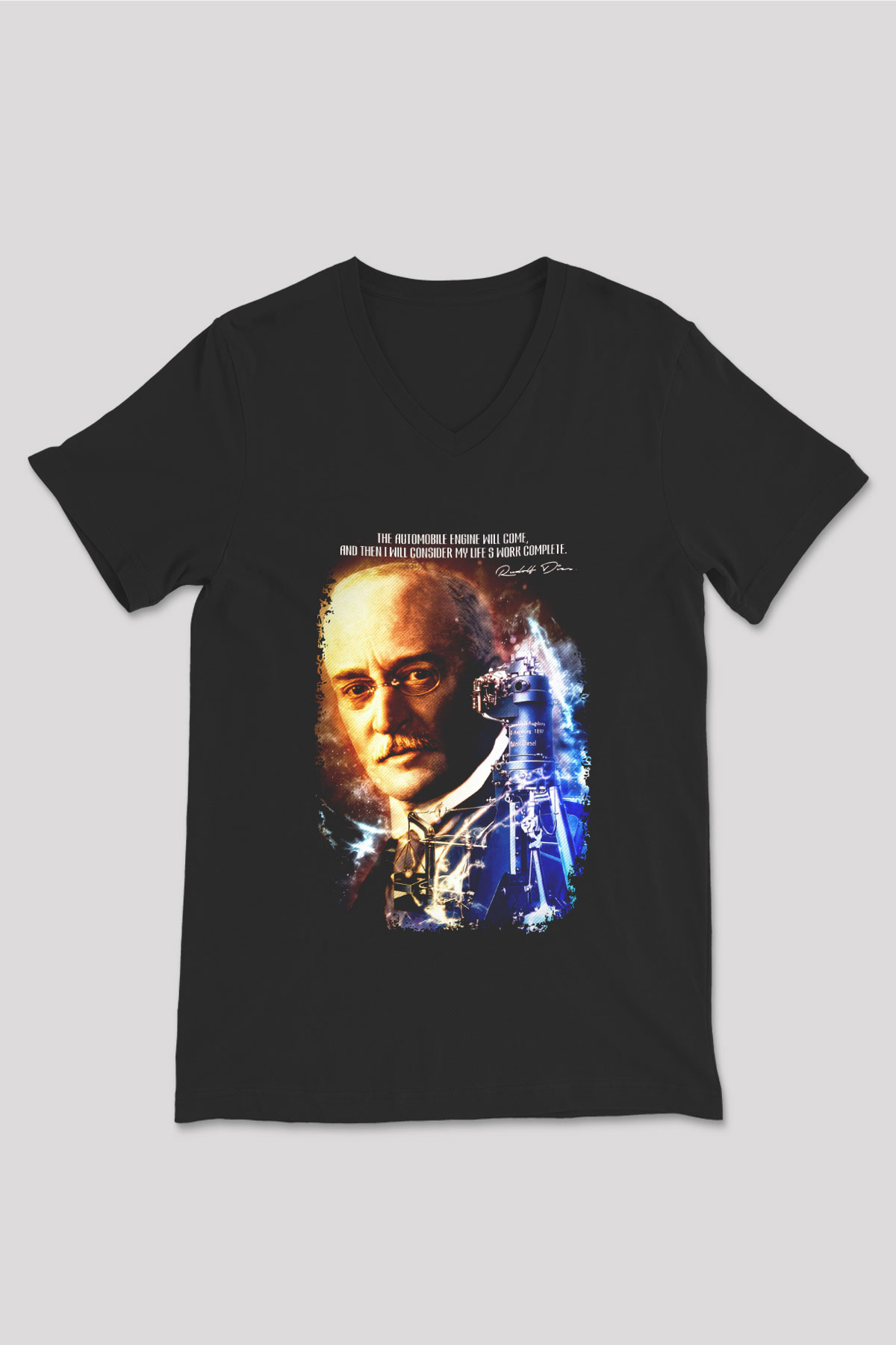 Rudolf Diesel Baskılı Unisex V Yaka Siyah Tİşört - Tshirt