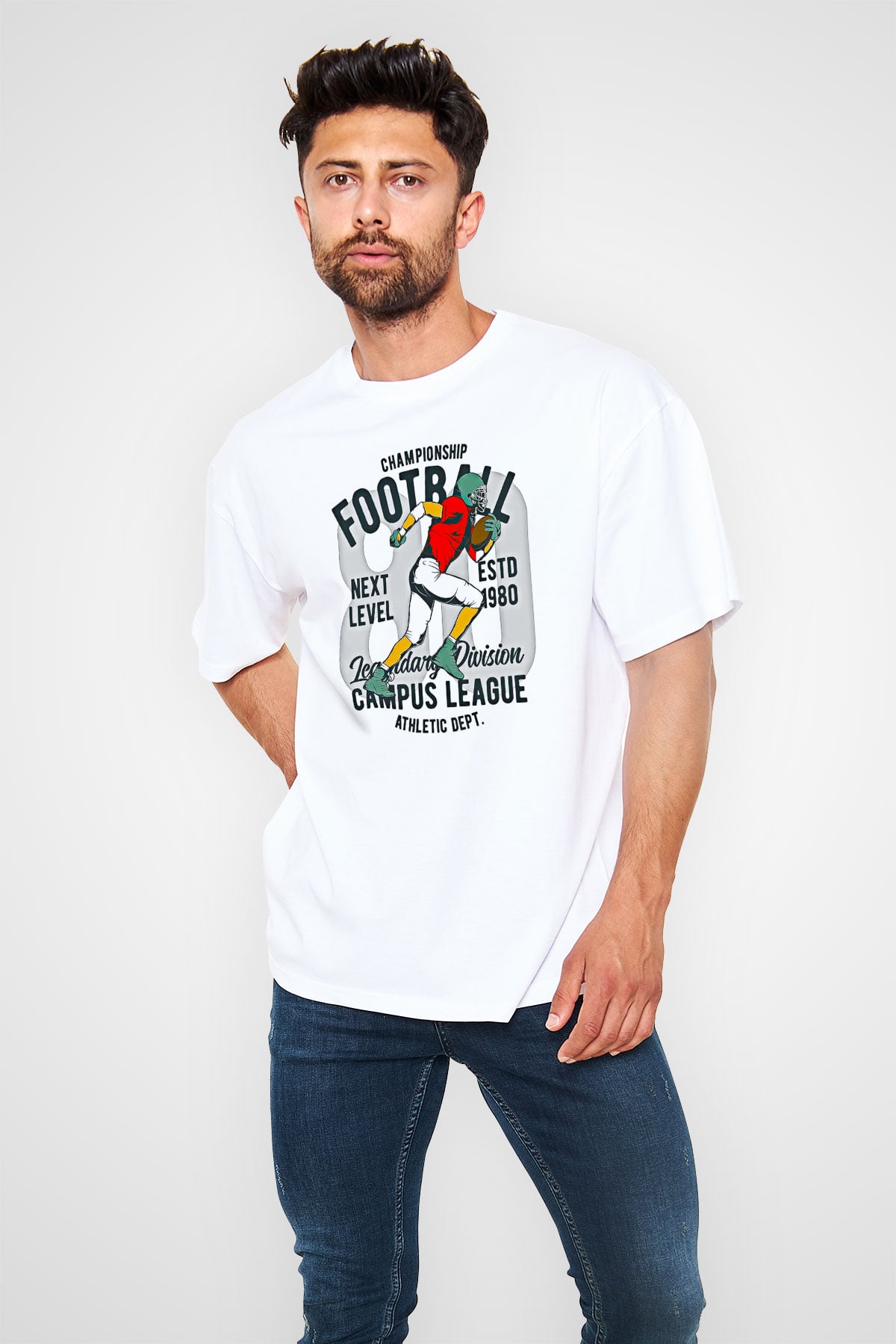 Rugby Baskılı Unisex Beyaz Oversize Tişört - Tshirt