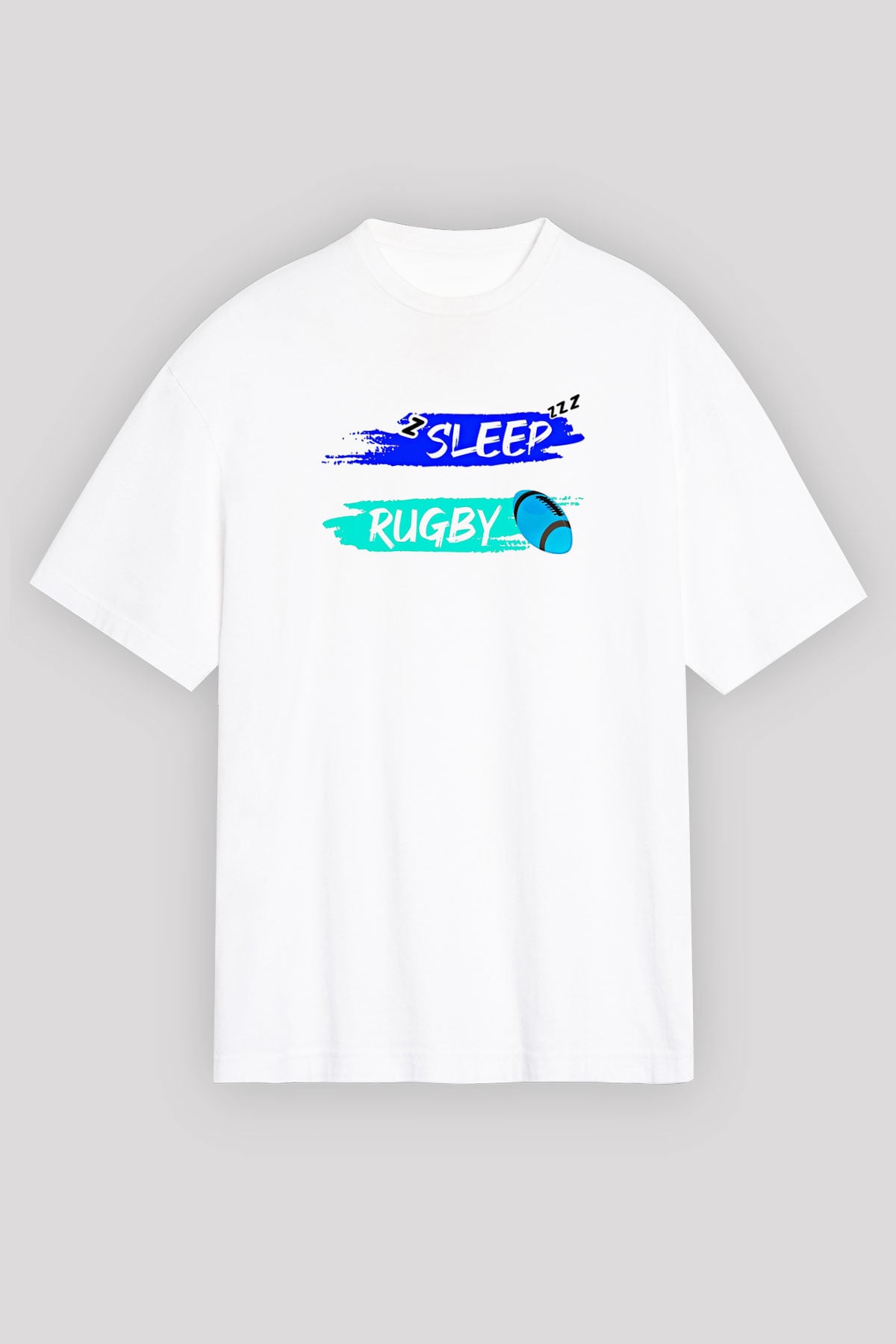 Rugby Baskılı Unisex Beyaz Oversize Tişört - Tshirt