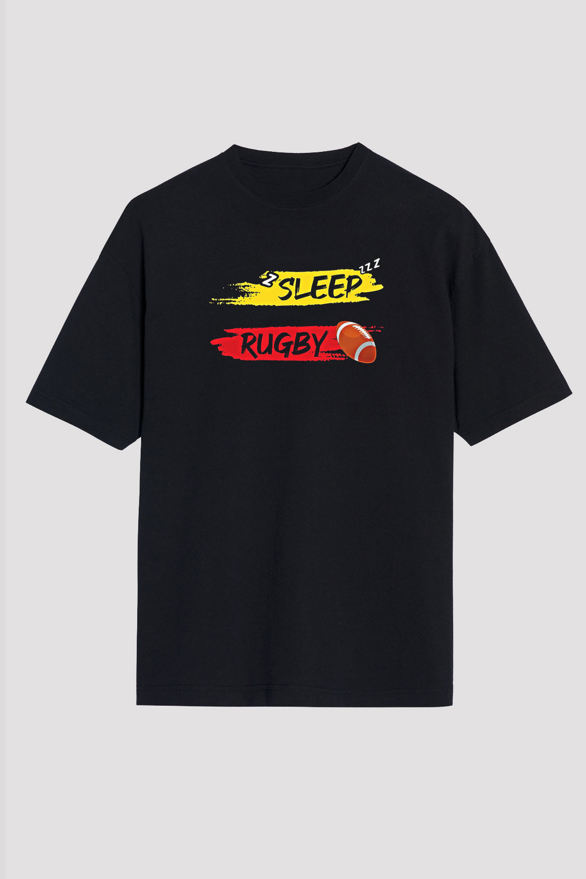 Rugby Baskılı Unisex Siyah Oversize Tişört