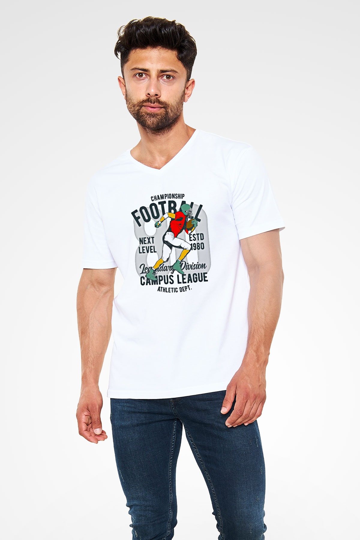 Rugby Baskılı Unisex V Yaka Tişört - Tshirt